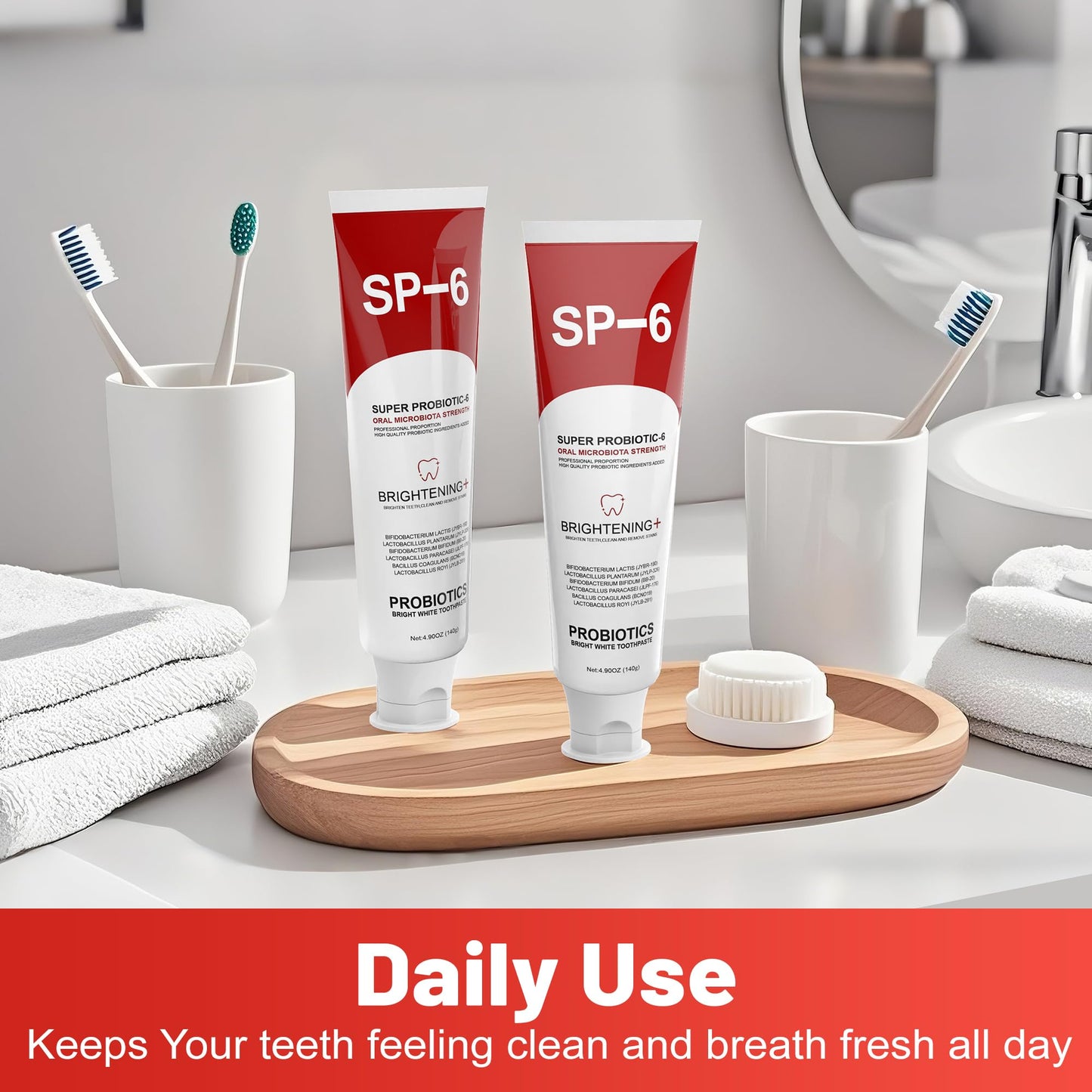 SP-6 Probiotic Whitening Toothpaste for Teeth Whitening/Brightening & Fresh Breath, 6 Probiotics Formula for Gum Health, Fluoride-Free, Minty Fresh Flavor,4.9 oz (4, Mint 4)