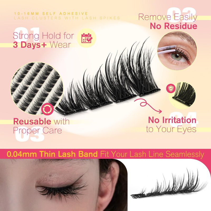 JIMIRE Self Adhesive Eyelashes Fluffy Lash Clusters Wispy No Glue Needed Self Adhesive Lash Clusters Reusable Press on Lashes 10-16MM Pre-Glued Eyelash Clusters Easy to Apply 108Pcs Pack