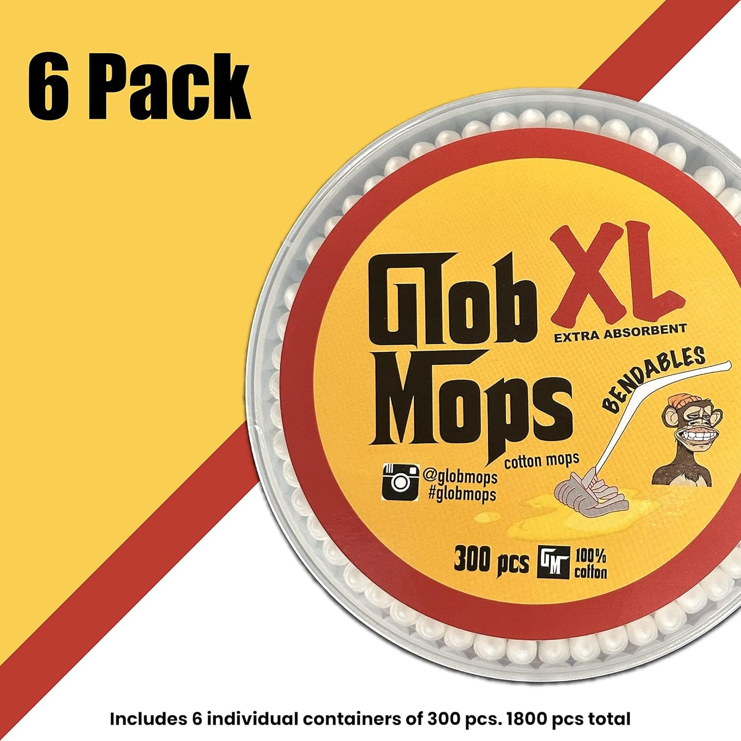 BENDABLE XL Cotton Swabs - Extra Absorbent Eco-Friendly 6-Pack Bundle | 1800 Total Mops