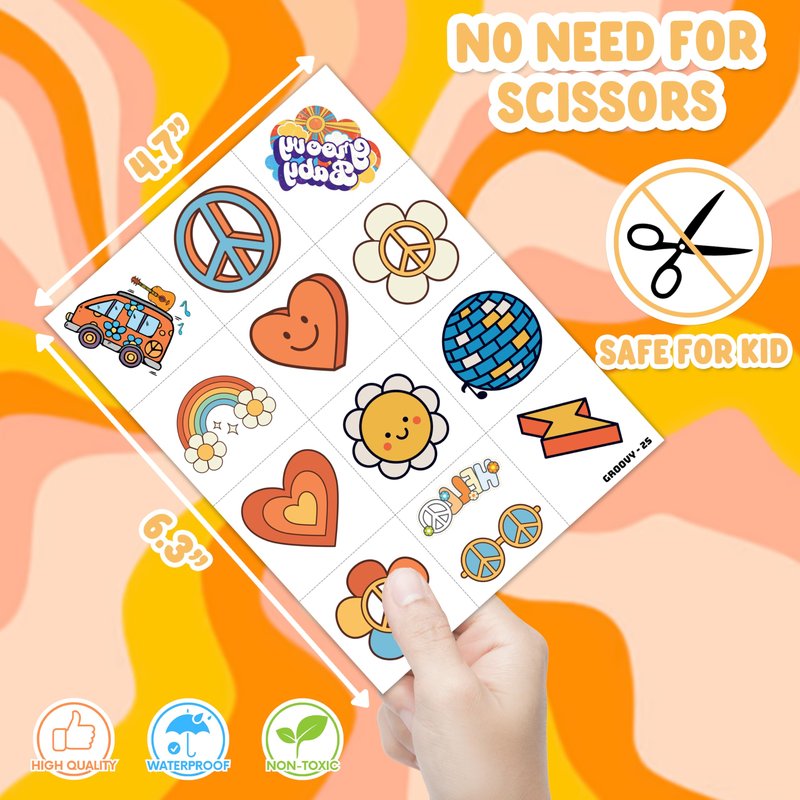 48PCS Groovy Party Favors - 24PCS Groovy Temporary Tattoos & 24PCS Groovy Stick Hands - Perfect Birthday Favors, Goodie Bag Stuffers, Treasure Box Toys, Classroom Prizes, and Student Gifts