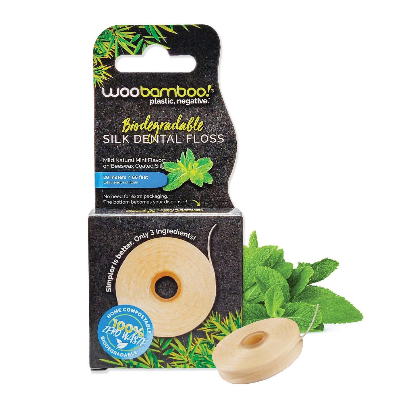 WooBamboo! All Natural Silk Dental Floss, Zero Waste, 66 feet of Mint-Flavored Floss (Pack of 4)