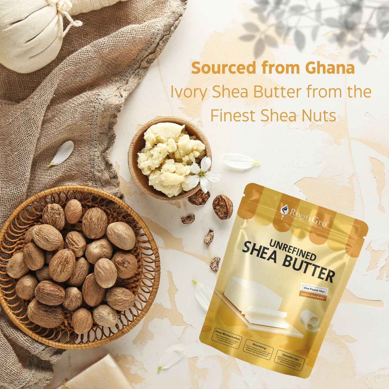 RootsGro Unrefined Raw Shea Butter 16 Oz, Unprocessed Shea Butter, Moisturizer for Skin & Hair, Maximum Potency with Essential Nutrients, Nourishing, Vitamin-Rich, Non-Greasy - Suitable for All