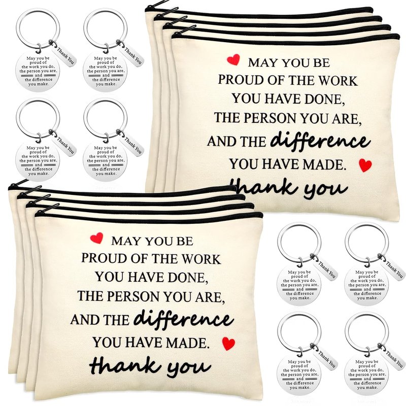 Employee Appreciation Gifts - 16 Pcs Inspirational Makeup Bags & Keychains for Nurses, Teachers, & Coworkers | Canvas Cosmetic Bags