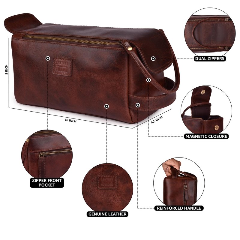 LEATHER VILLAGE Genuine Leather Travel Toiletry Bag - Water-Resistant Dopp Kit for Toiletries, Large Shaving Bag & Bathroom Organizer - Gift for Men & Women - Cherry Brown