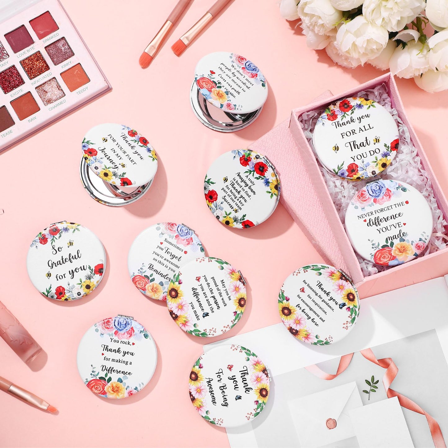 Sintuff 12 Pcs Inspirational Compact Mirror Bulk Thank You Gift Appreciation Gift Pocket Mirror for Women Folding Handheld Double Sided Mirror 1x/2x Gift for Women Coworker Employee Nurse