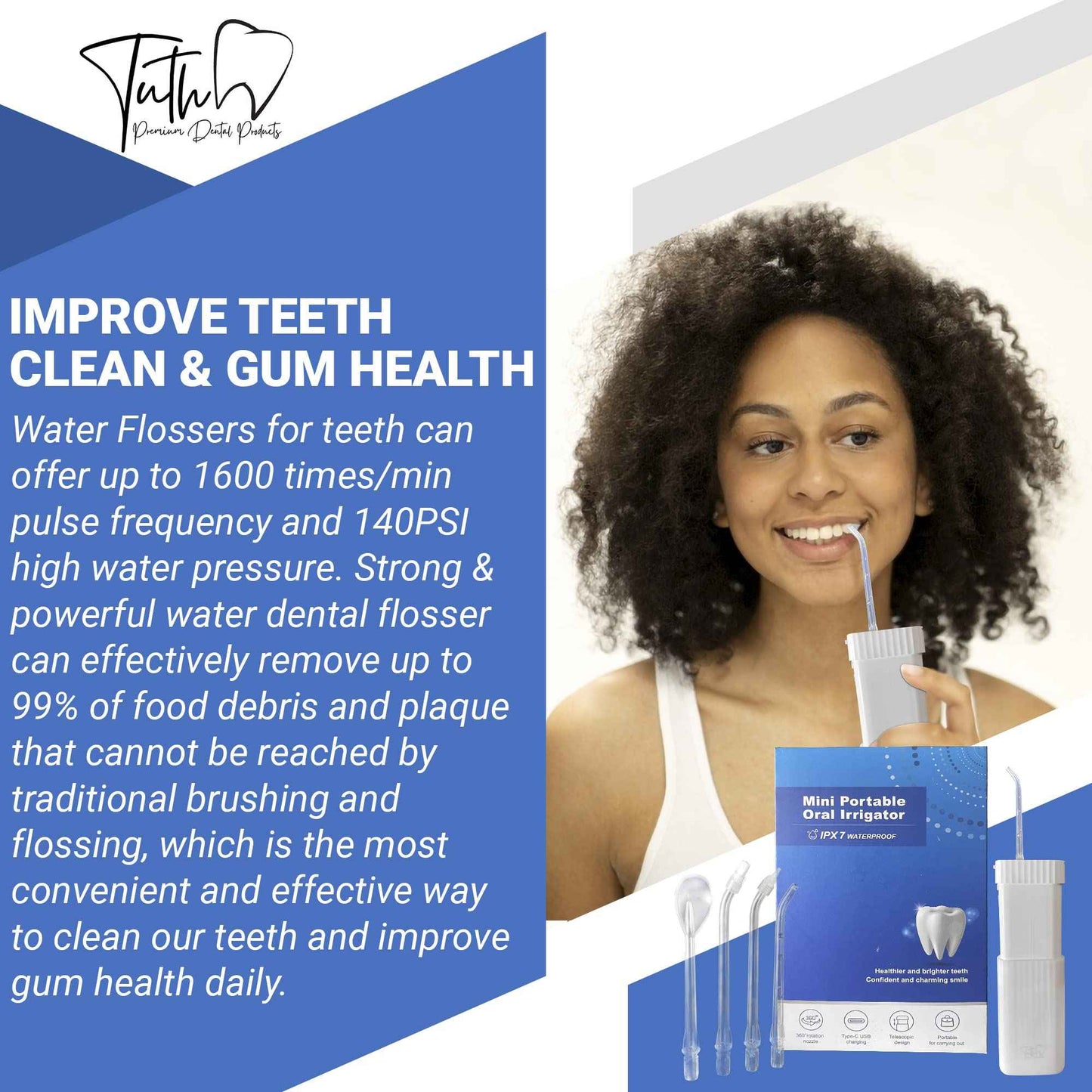 Tuth Premium Dental Products Water Flosser - Portable Oral Irrigator with 4 Interchangeable Tips - Gum, Tongue, Teeth Cleaner with 3 Jet Settings - Travel Friendly, IPX7 Waterproof, 4-Hour Charge Time