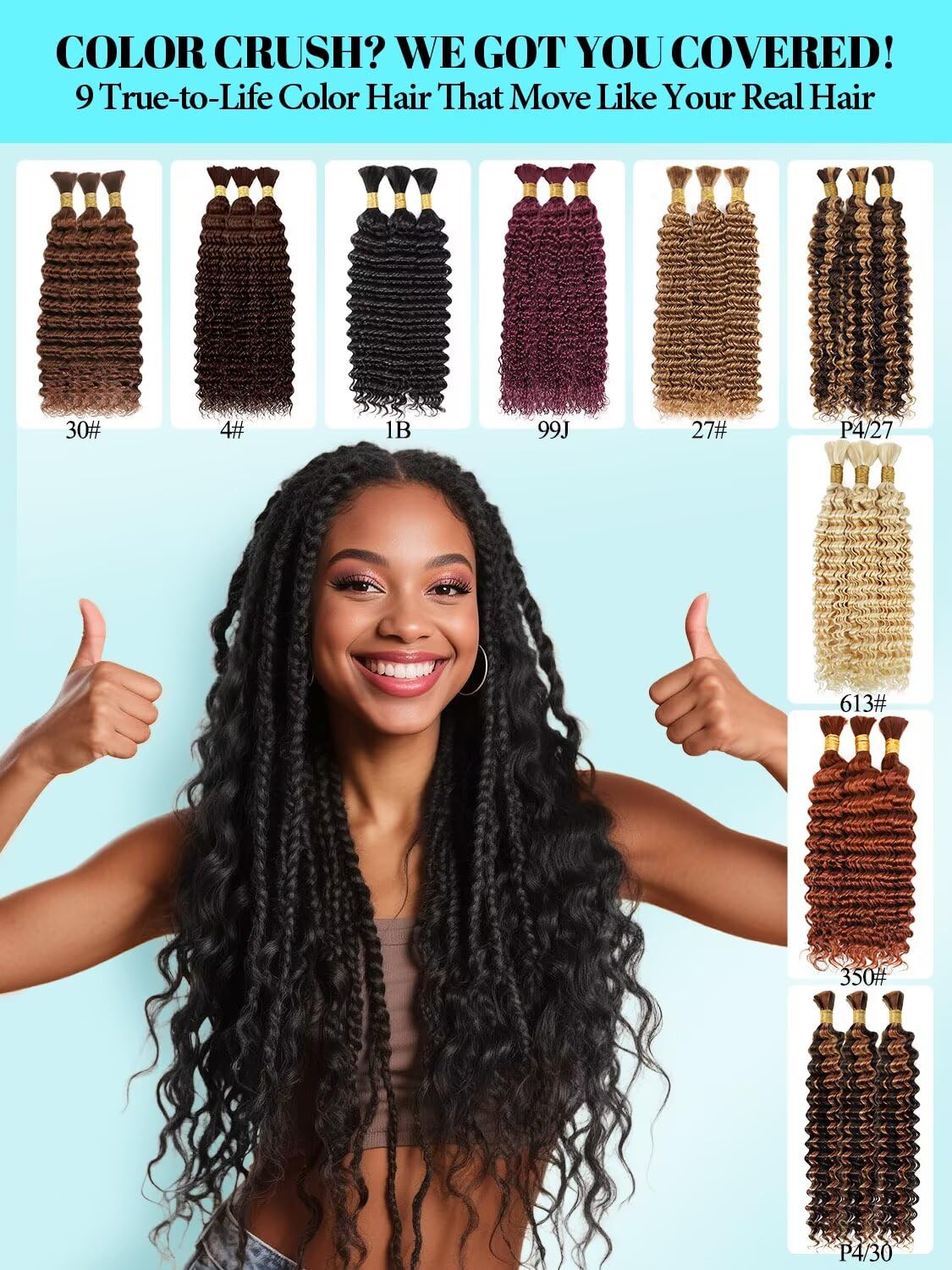 12A Human Braiding Hair for Boho Braids 3 Bundles 16 Inch 100g Deep Wave Braiding Hair for Bohemian Knotless Braids 100% Unprocessed Brazilian Virgin Bulk Hair Extensions No Weft Natural Color