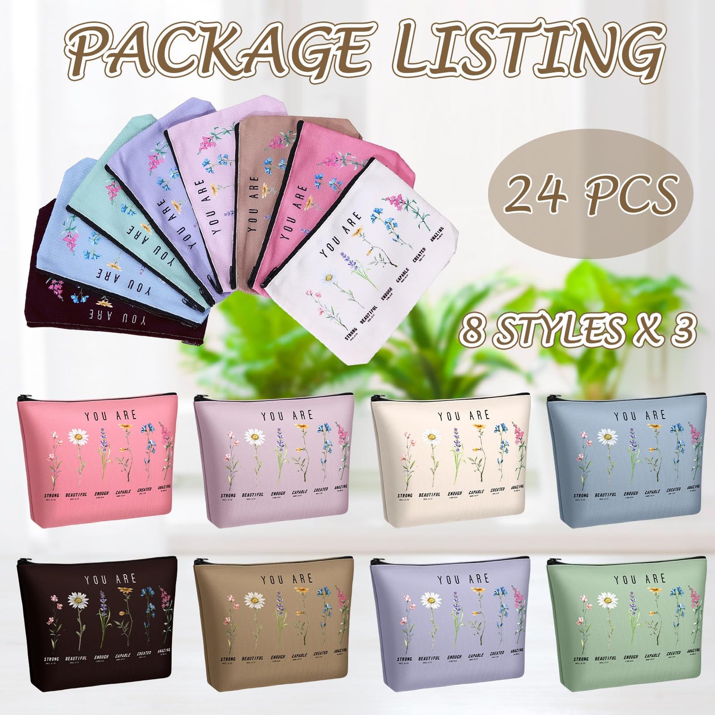 Frienda 24 Pcs God Says You Are Cosmetic Bags for Women Bible Verse Floral Makeup Case Inspirational Religious Bags Affirmations Christian Gifts for Mother's Day Birthday Easter Day(Natural Color)