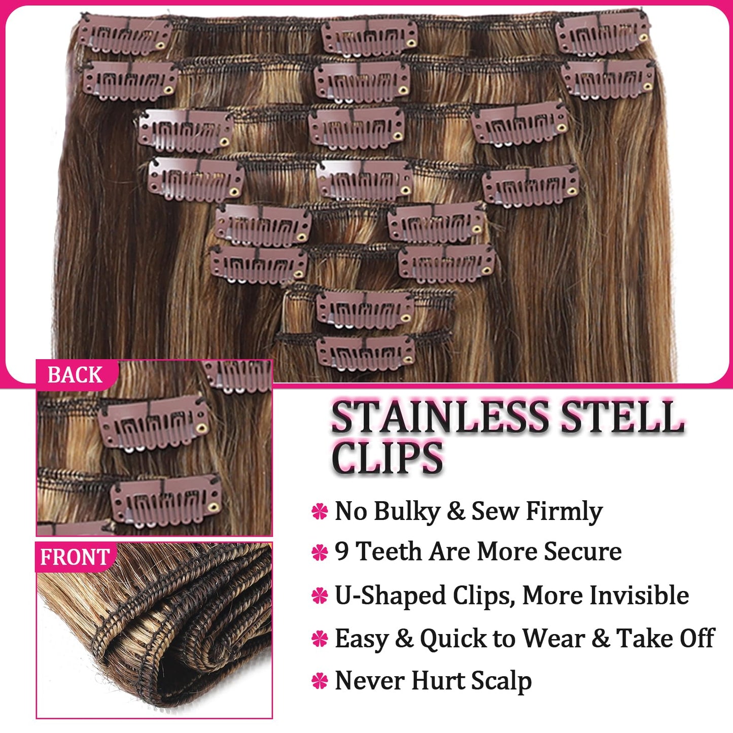 Clip in Hair Extensions Kinky Human Hair 110g Remy Human Hair Clip on Extensions 8pcs 18 Inch Soft Hair for Fashion Women 18Clips/Set Chocolate Brown to Honey Blonde Hair Extensions (#P427)