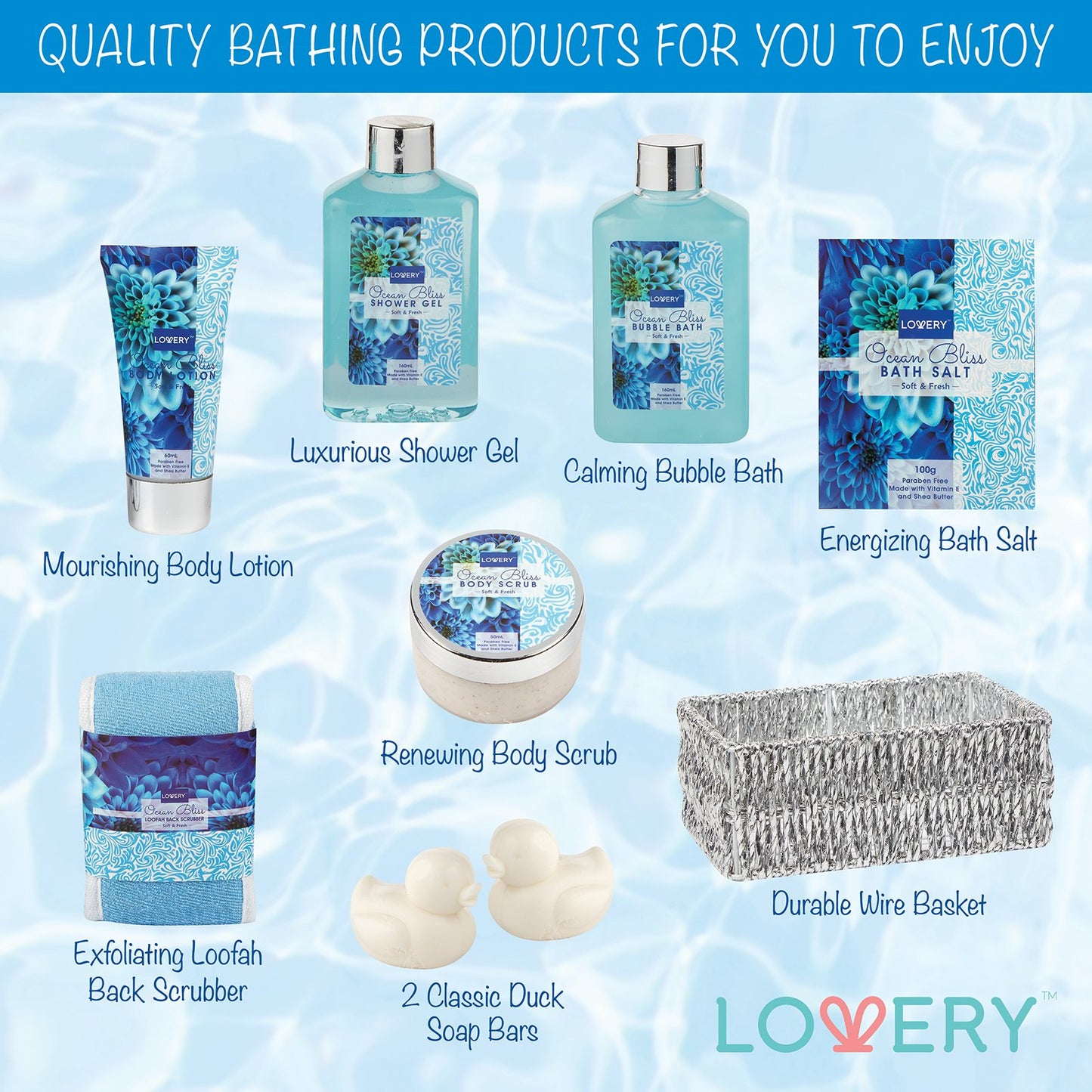 Home Spa Gift Basket in Heavenly Ocean Bliss Scent - 9pc Bath & Body Set - Shower Gel, Bubble Bath, Bath Salt, Body Lotion & more, Wedding, Anniversary, Birthday, Graduation Gift for Women