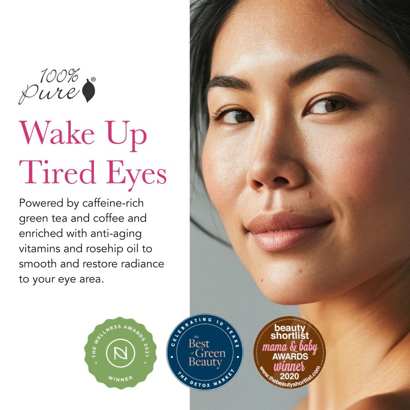 100% PURE Coffee Bean Caffeine Eye Cream Refresh & Hydrate Under Eye Treatment Reduce Puffiness, Dark Circles, Wrinkles with Green Tea, Rose Hip, Vitamin E - Youthful Vibrant Eyes - Vegan - 1 oz