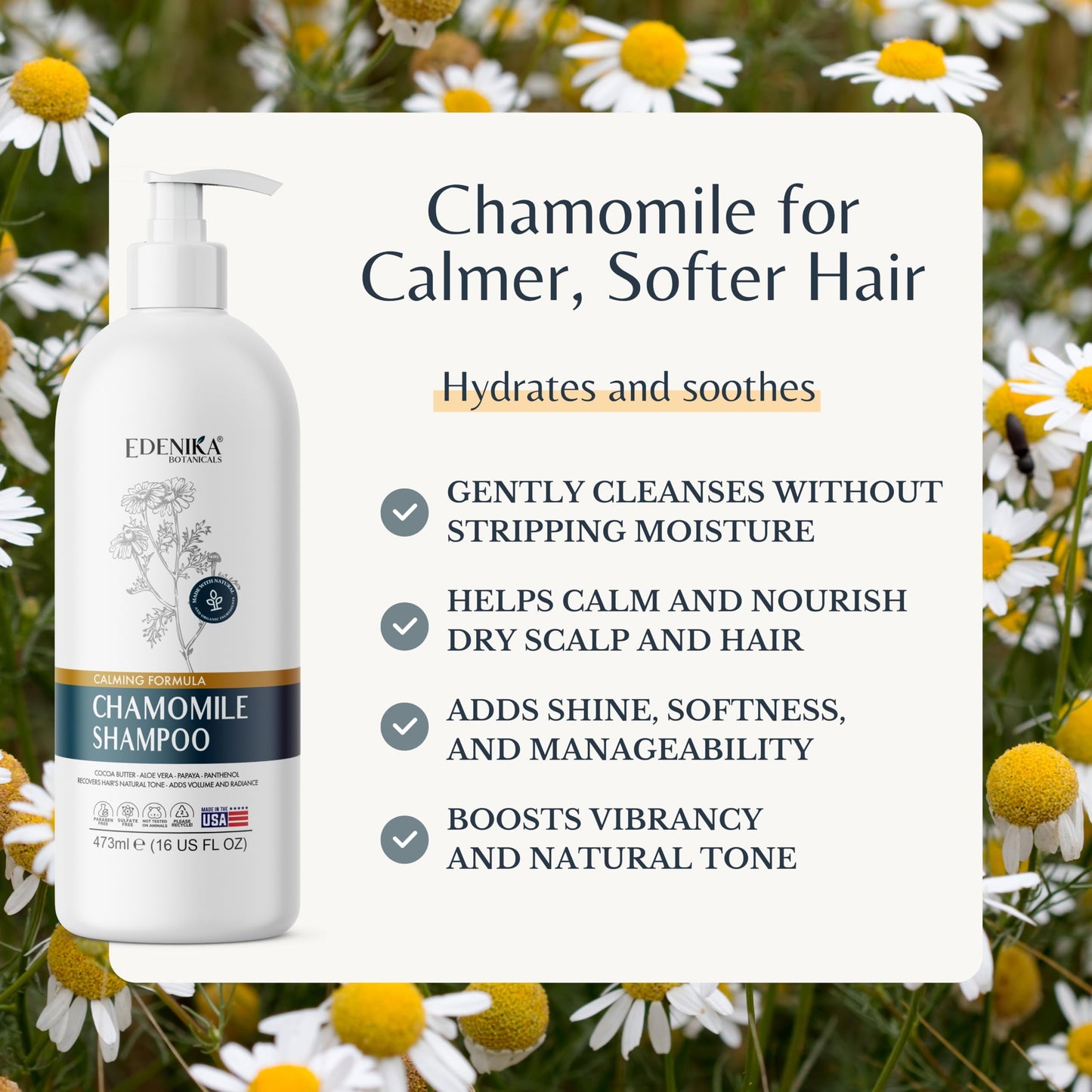 Edenika Botanicals Chamomile Shampoo with Cocoa Butter, Aloe Vera & Papaya, 16 fl oz, Calming & Hydrating Formula, Vegan, Sulfate-Free, Paraben-Free, for All Hair Types