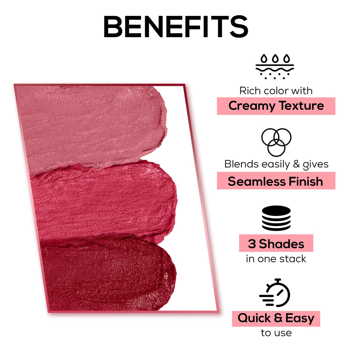 RENEE Glam Stack 3-In-1 Lip & Cheek Tint - 4.5g - 3 Shades in 1, Rich Creamy Natural Seamless Finish, Smooth & Blendable Formula - Travel Friendly, Quick & Easy to Use (Pink, 4.5 Grams)