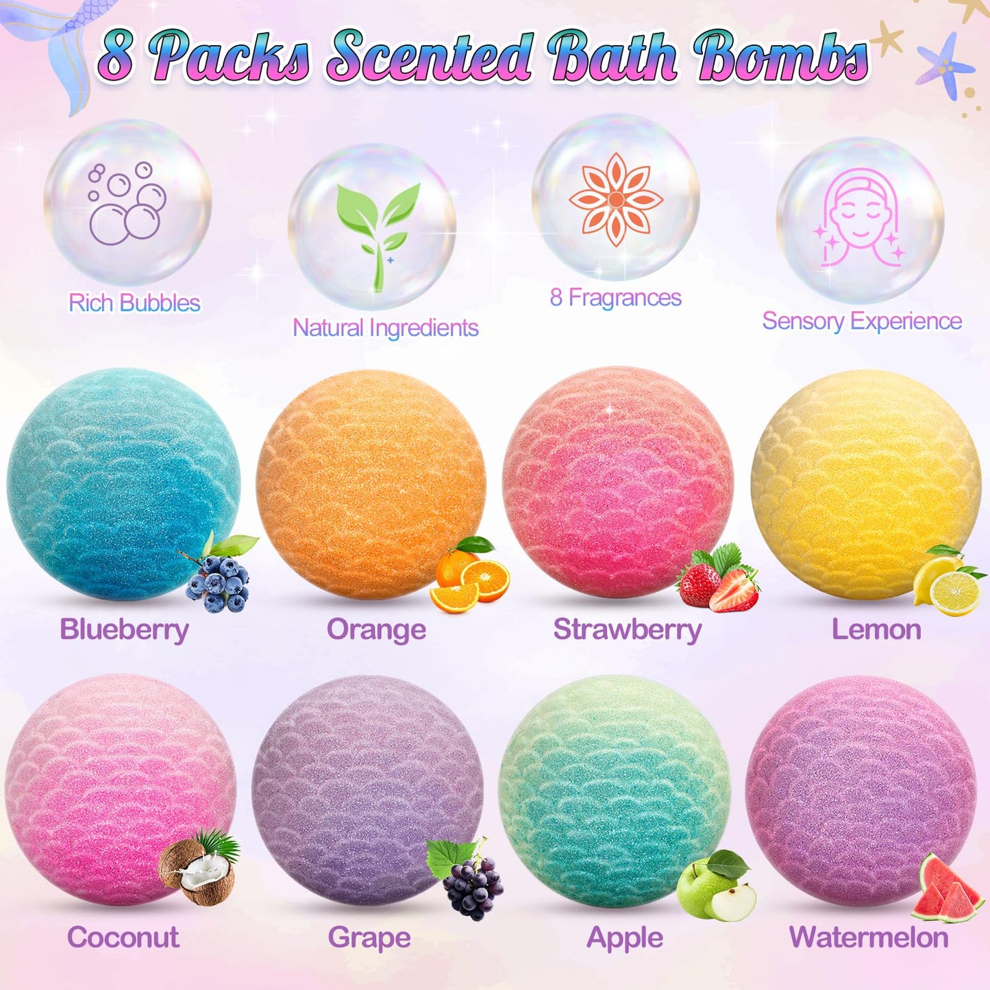 item_name - 8 Packs Mermaid Bath Bombs for Kids Girls, Bubble Bath Bomb Kit with Surprise Toys Inside, Bath Toys for Kids Aged 3+, Ideal Gifts Stocking Stuffers for Girls 3 4 5 6