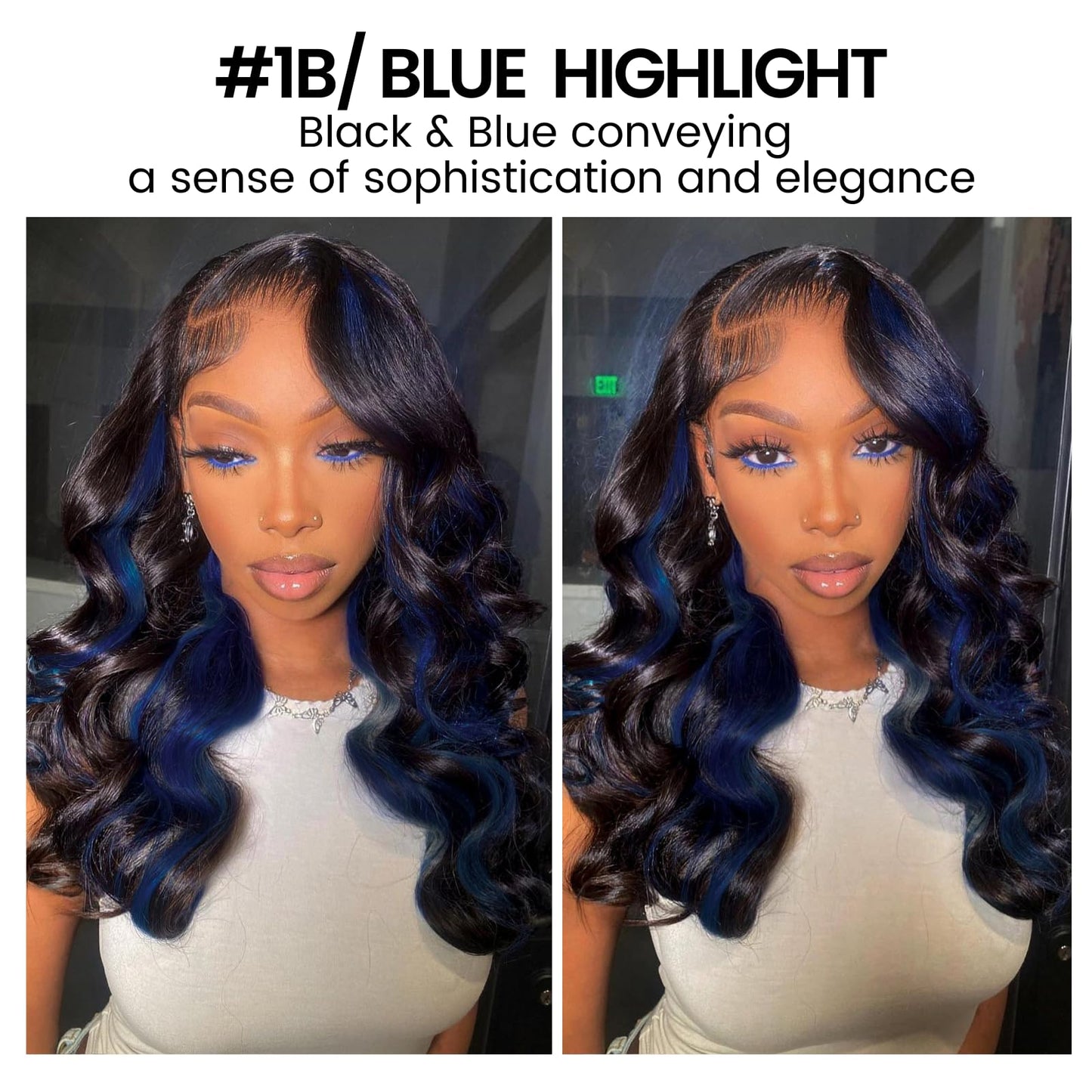 ALHER Black Mix Blue Highlight Body Wave Long Deep Part 2x6 Lace Closure, #1B/Blue Colored 2x6 Kim K Lace Closure Pre Plucked with Baby Hair, 12A 100% Brazilian Virgin Remy Human Hair 14 Inch