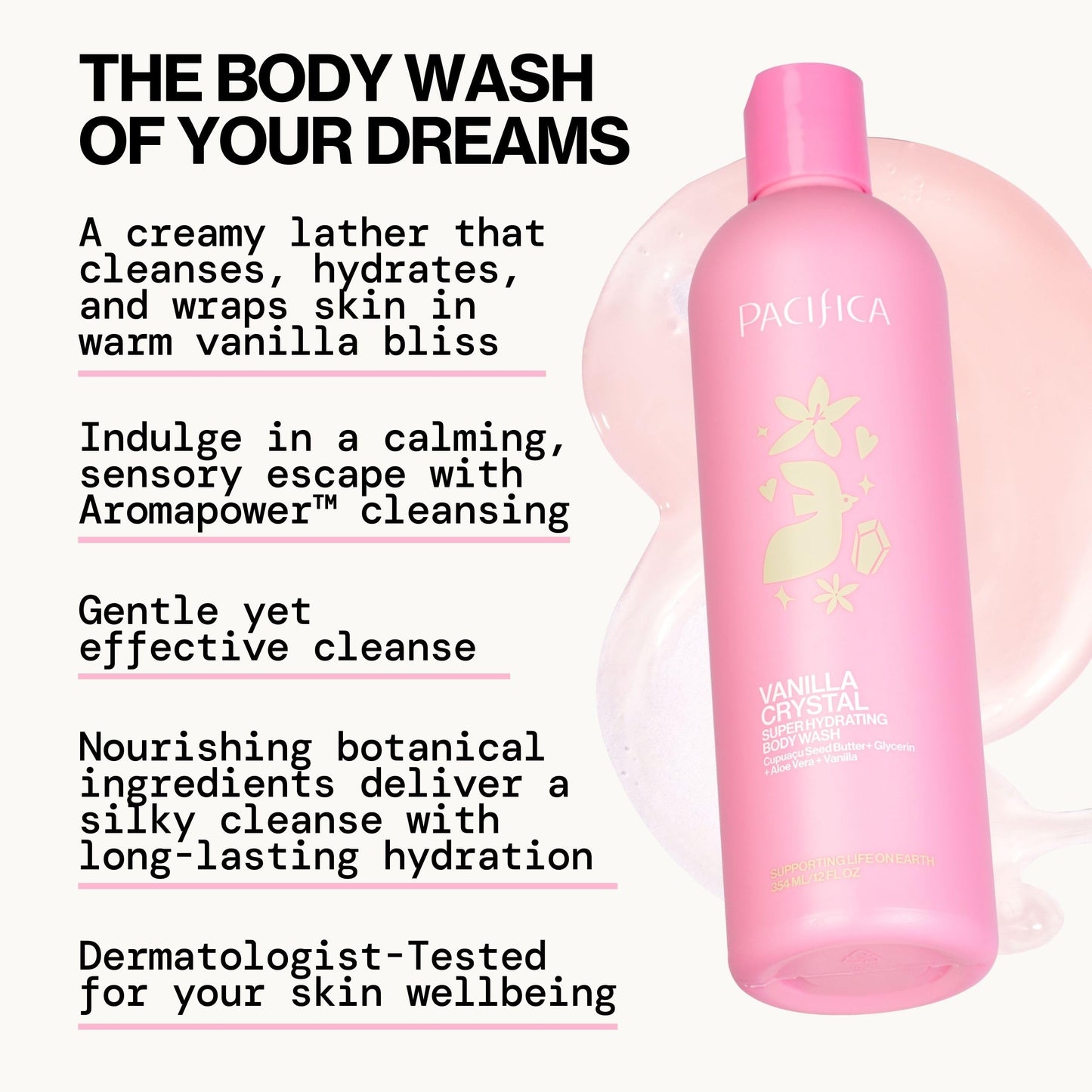 Pacifica Body Wash - Vanilla Crystal Super Hydrating Body Wash - Bath & Shower Gel - Clean Beauty, Vegan & Cruelty-Free Dermatologist Tested