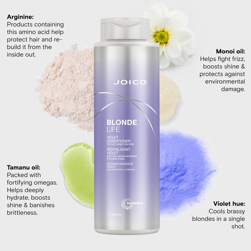 Joico Blonde Life Violet Conditioner | For Cool & Bright Blonde Hair | Neutralize Brassy Tones | Banish Yellow Tones | Boost Shine | Sulfate Free | With Monoi & Tamanu Oil | 33.8 Fl Oz