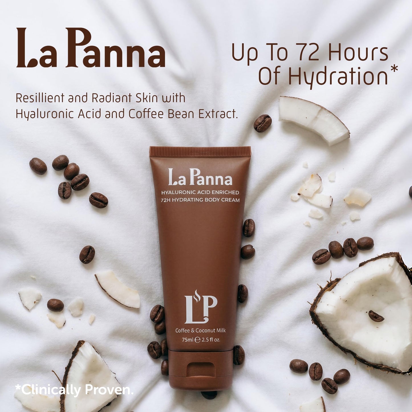 La Panna Coffee & Coconut Milk Body Cream, 72H Moisture, with Hyaluronic Acid and Vitamins, 2.5 fl oz (2 packs)