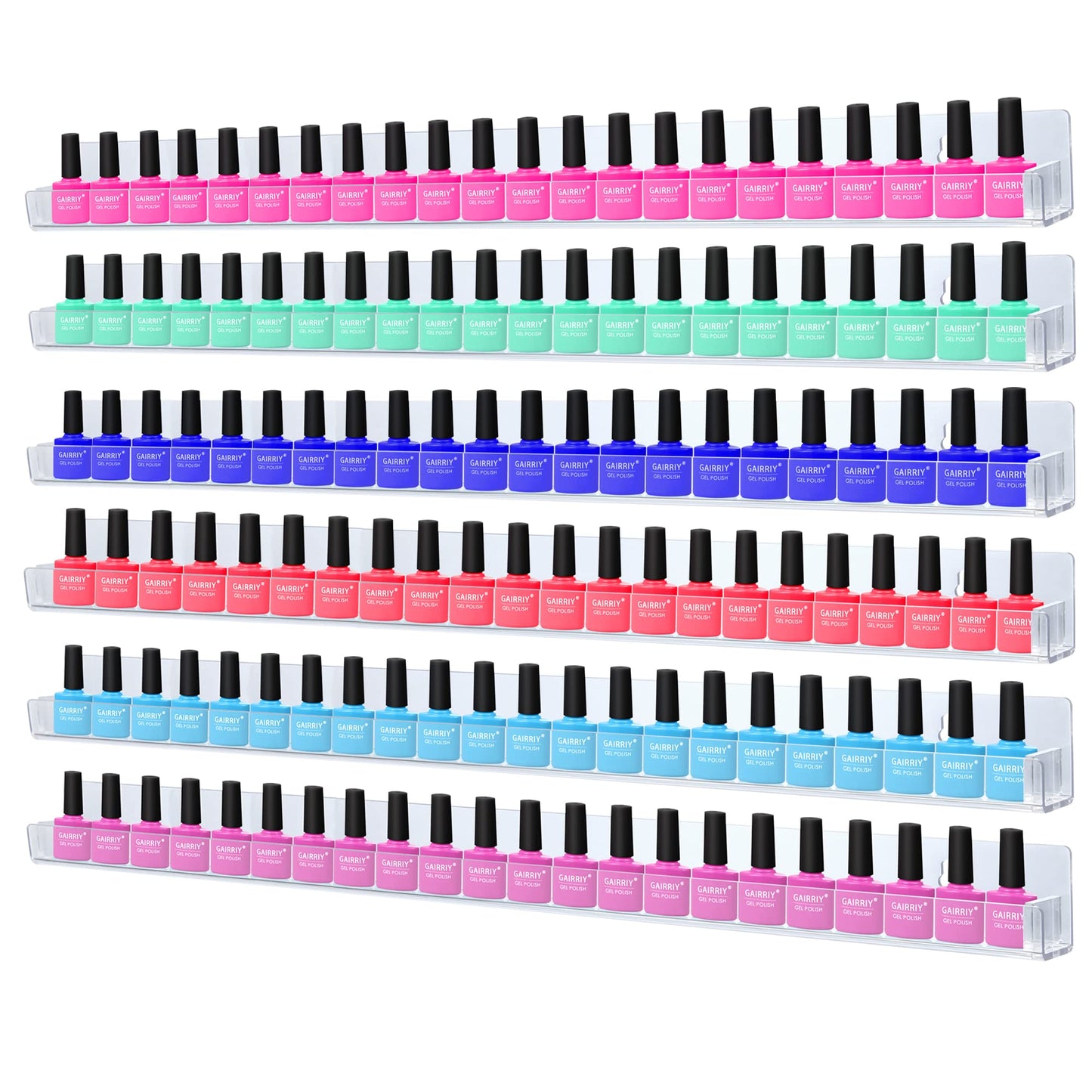 trophable 24in Nail Polish Rack Wall Mounted Shelf with Removable Anti-Slip End Inserts, 6 Pack Clear Acrylic Nail Polish Organizer Wall Rack Display 150 Bottles