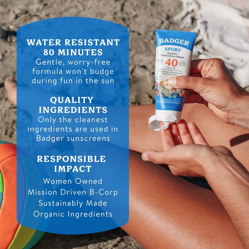 Badger Sport Mineral Sunscreen, Reef Safe, SPF 40, 98% Organic with Zinc Oxide, Water Resistant, Hawaii Reef Act 104 Compliant, Unscented & Hypoallergenic, For Sports & Adventures, 2.9 fl oz, 3-Pack