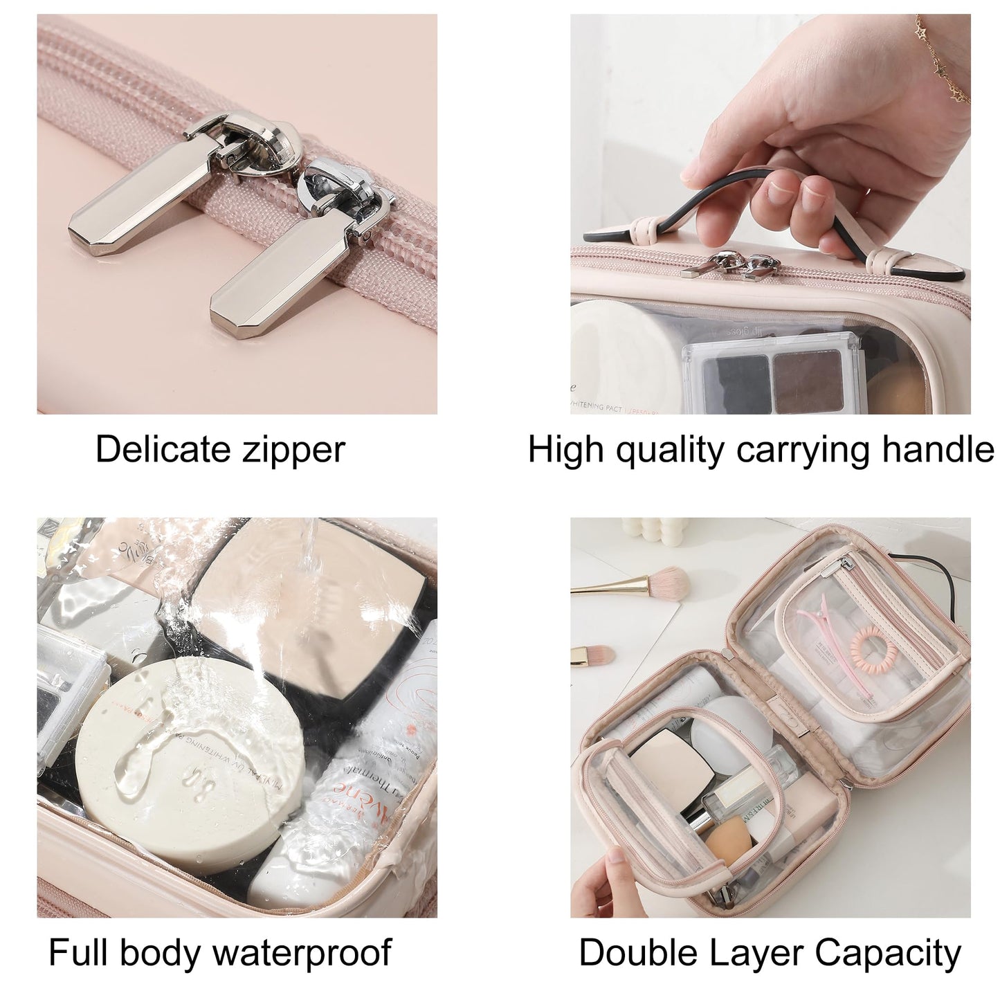 Veki TSA Approved Toiletry Bag Transparent Makeup bag Double Travel Cosmetic bags Case Waterproof Toiletries Bag Large Capacity Open Storage bag Organizer for Women and Girls (Large Pink)