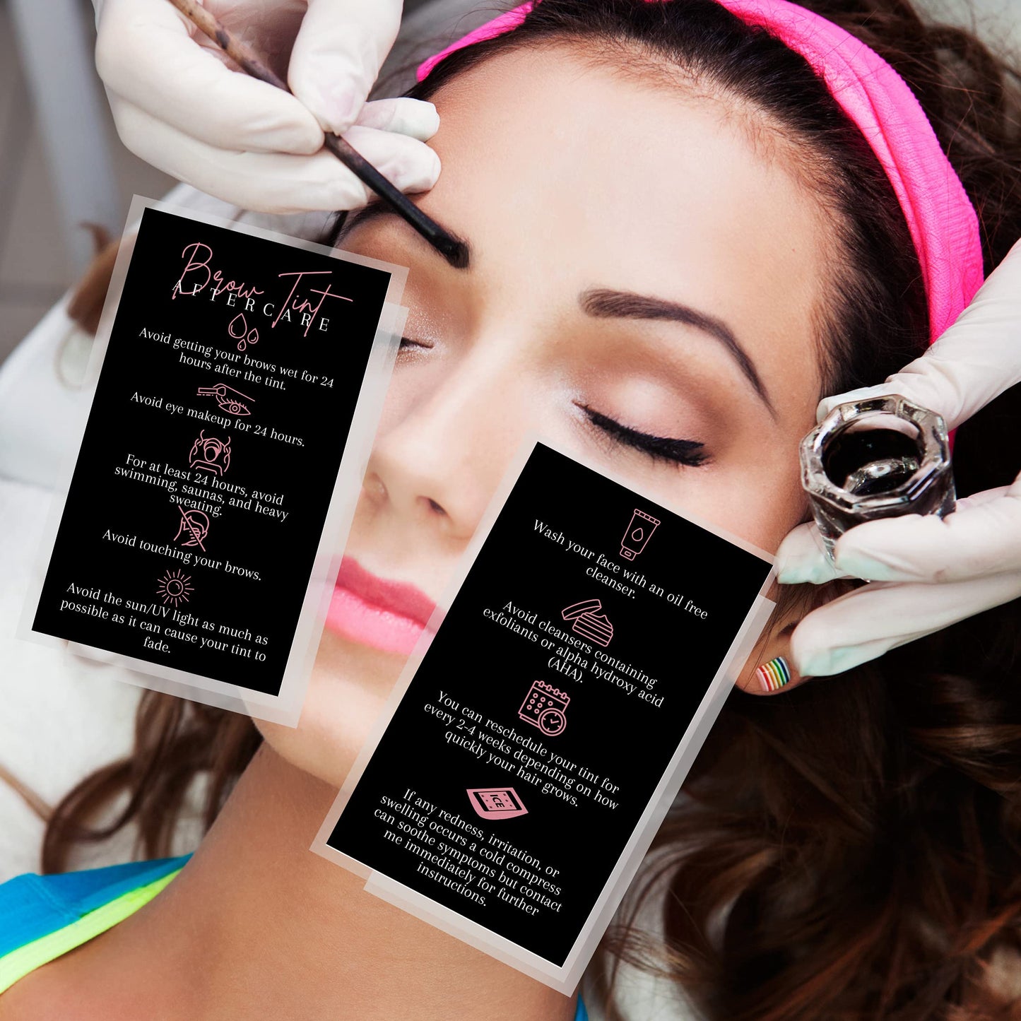 Boutique Marketing LLC Brow Tint Aftercare Card | 50 Pack | 2x3.5” inch Business Cards | Matte Black with Rosey Pink Design
