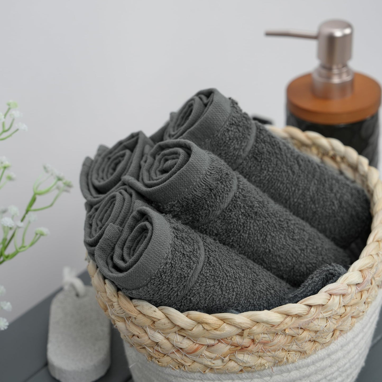 Tens Towels Pack of 24 Washcloths, 12 x 12 Inches, Lighter Weight, Quick to Dry, Super Soft & Absorbent, Gentle Face Towels, Hotel Quality, Perfect for Bathroom, Gym, Spa (Dark Grey, 24 Pack)