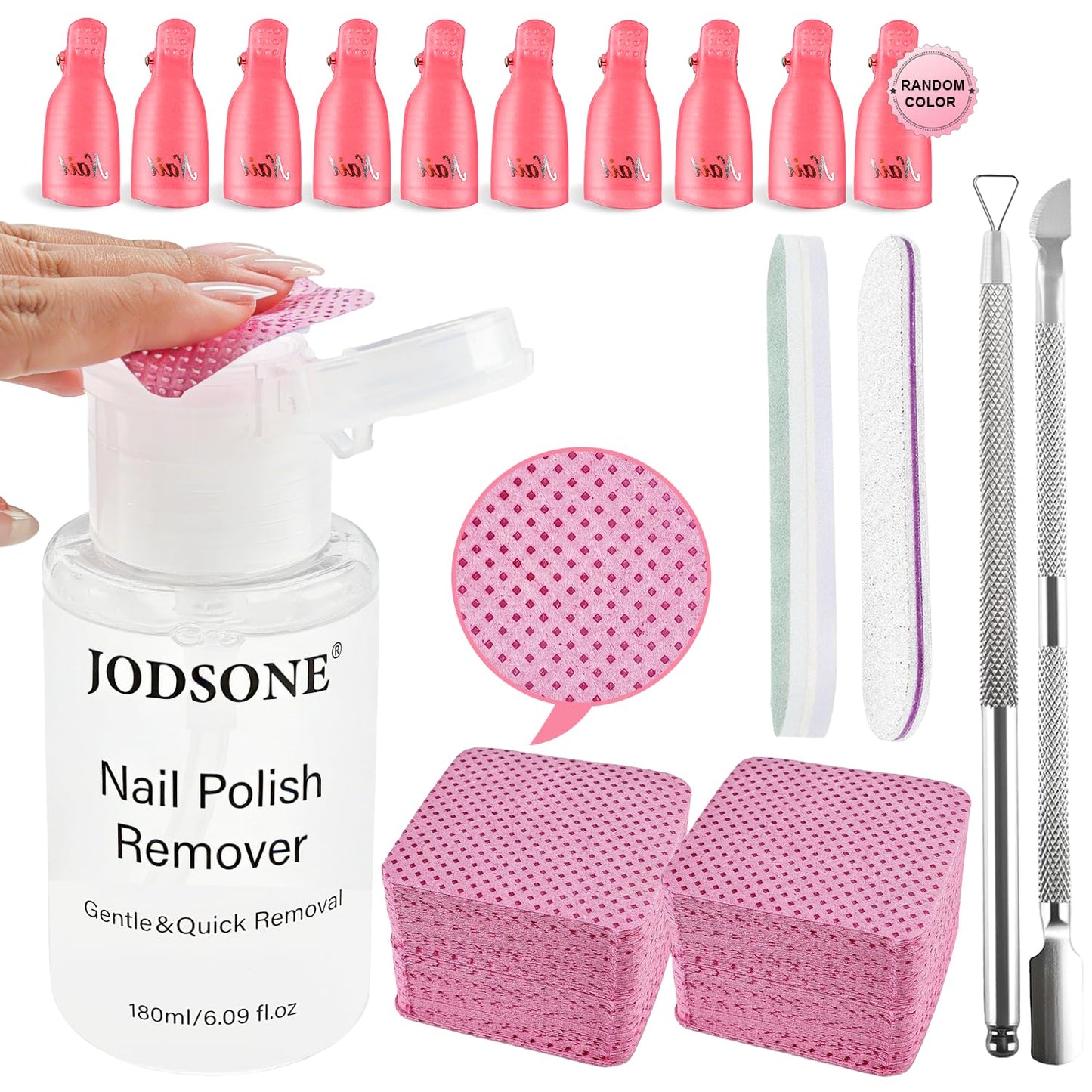 JODSONE Nail Polish Remover Kit with Non-Acetone Nail Polish Remover,Nail Clips,200Pcs Cotton Pads,Cuticle Pusher & Peeler,Soak Off Gel Remover Set for Gel Nail Polish,Safe & Gentle Nail Care Tools