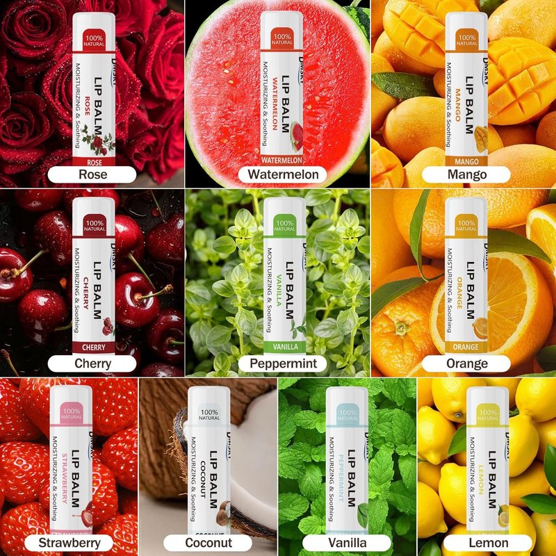 Lip Balm Variety Pack - 88 Natural Moisturizing Balms for Dry Cracked Lips | 10 Flavors for Men, Women & Kids