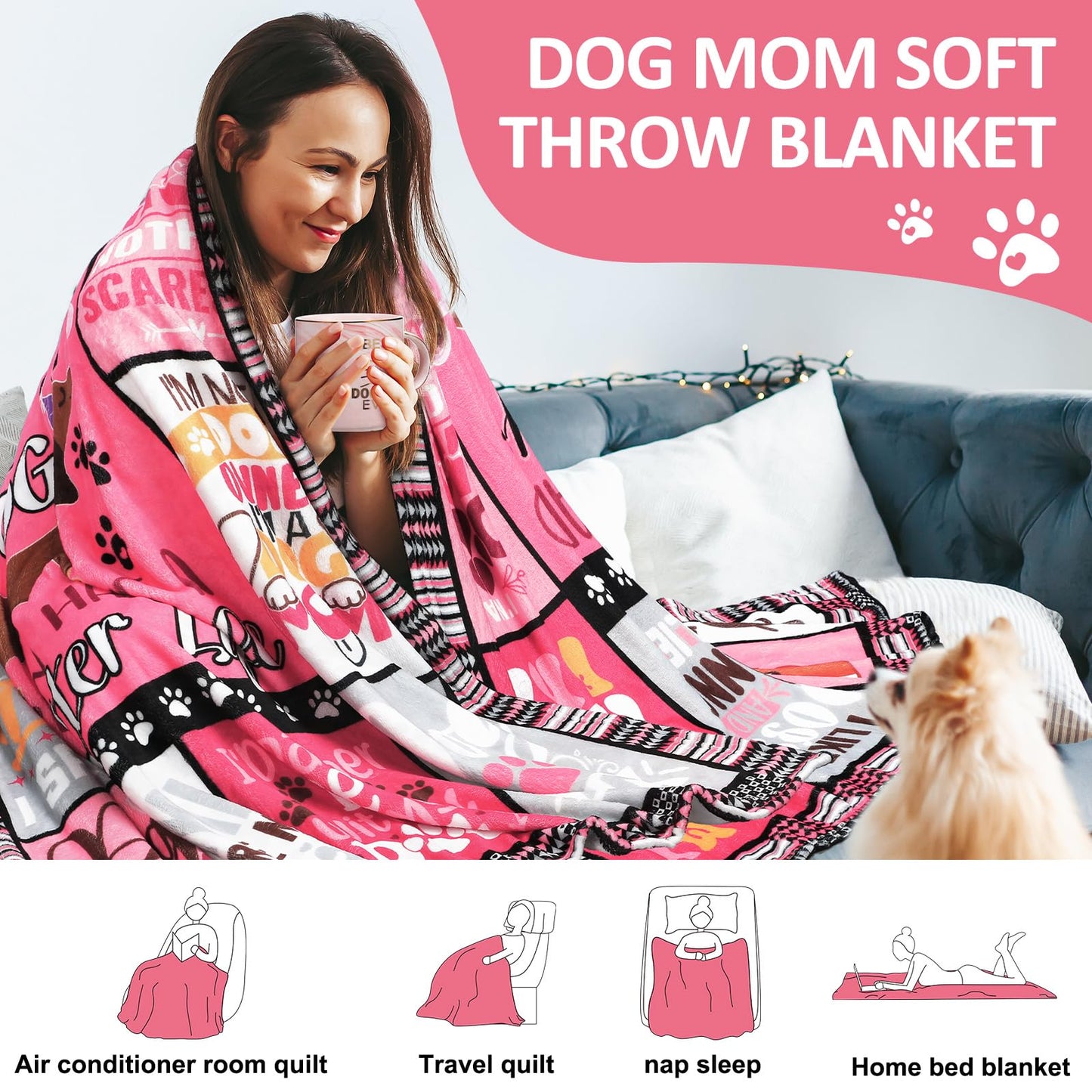HunnmingRe 9 Pcs Dog Lover Mom Gifts for Women Novelty Fleece Blanket Blanket Socks Mug Cosmetic Bag Keychain Bracelet Cards Mother's Day Idea Gifts Box Set for Mom Birthday Basket Valentine's Day