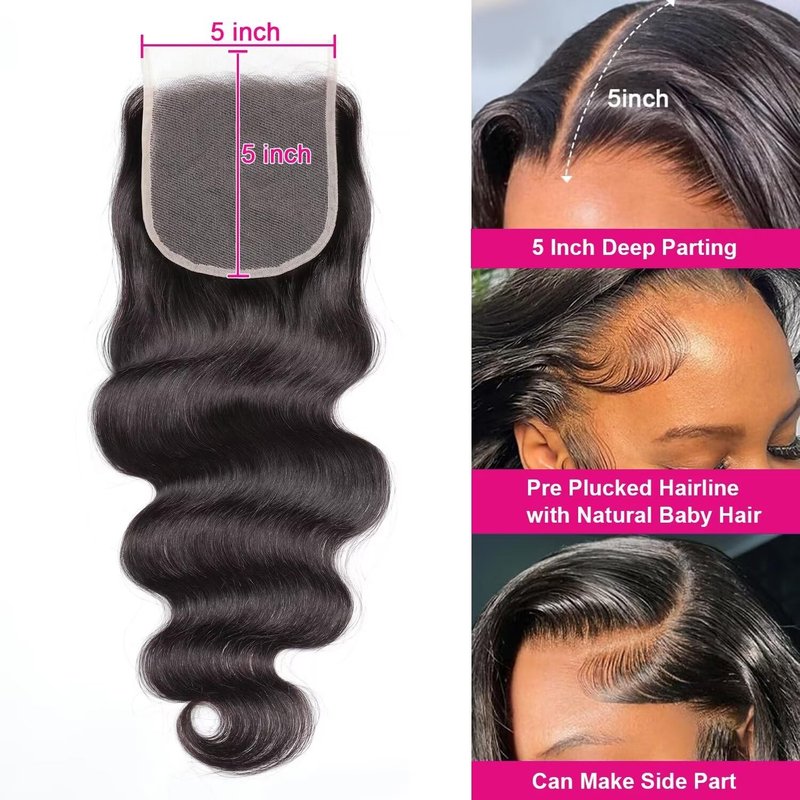 5x5 Lace Closure Body Wave Human Hair - Invisible Ultra-Thin Brazilian Virgin Hair, Pre-Plucked, Natural Black, 16 Inch