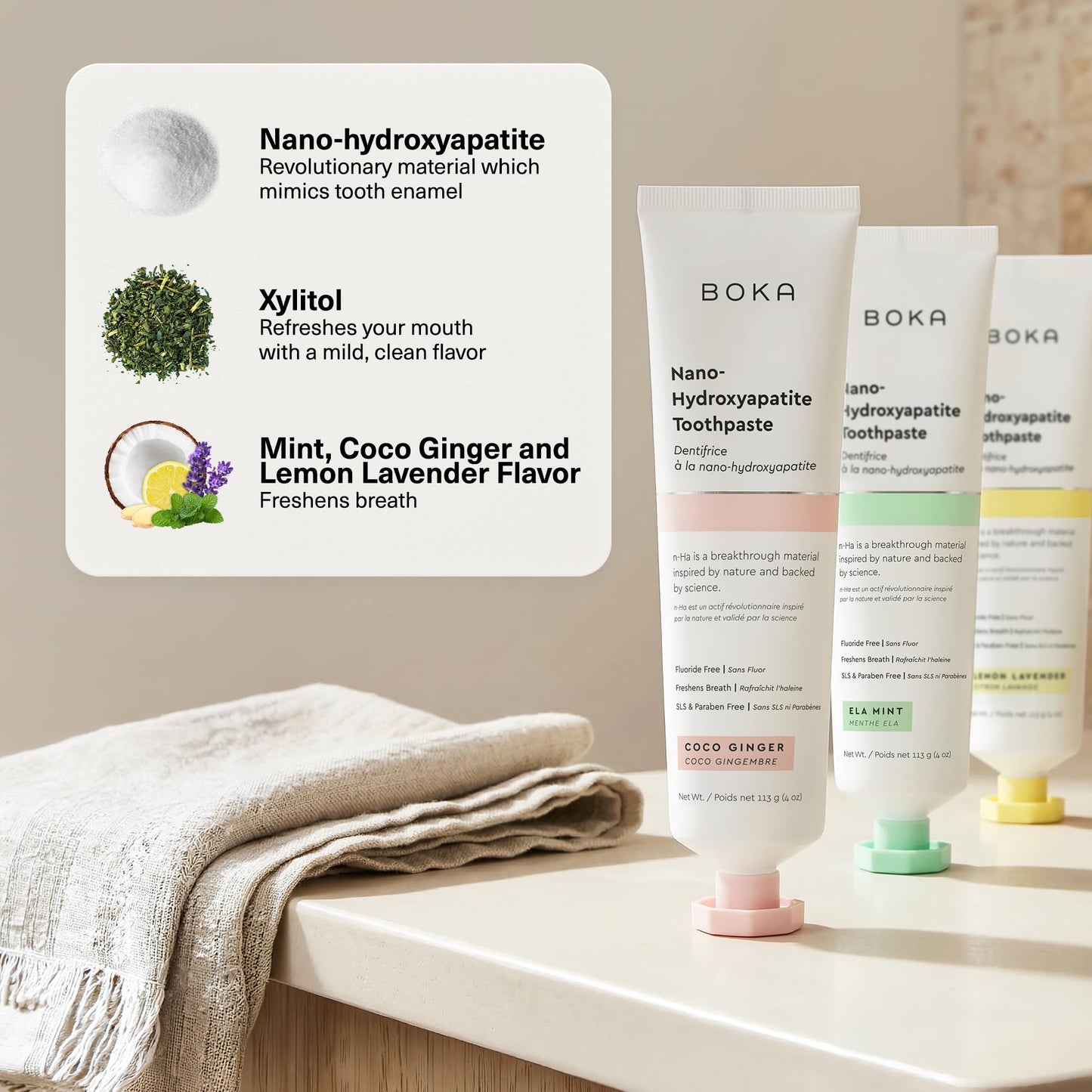 Boka Fluoride Free Toothpaste, Nano Hydroxyapatite Toothpaste, Appropriate for Sensitive Teeth - for Adult Oral Care - Ela Mint, Coco Ginger, Lemon Lavender Flavor, 4 Fl Oz 3Pk