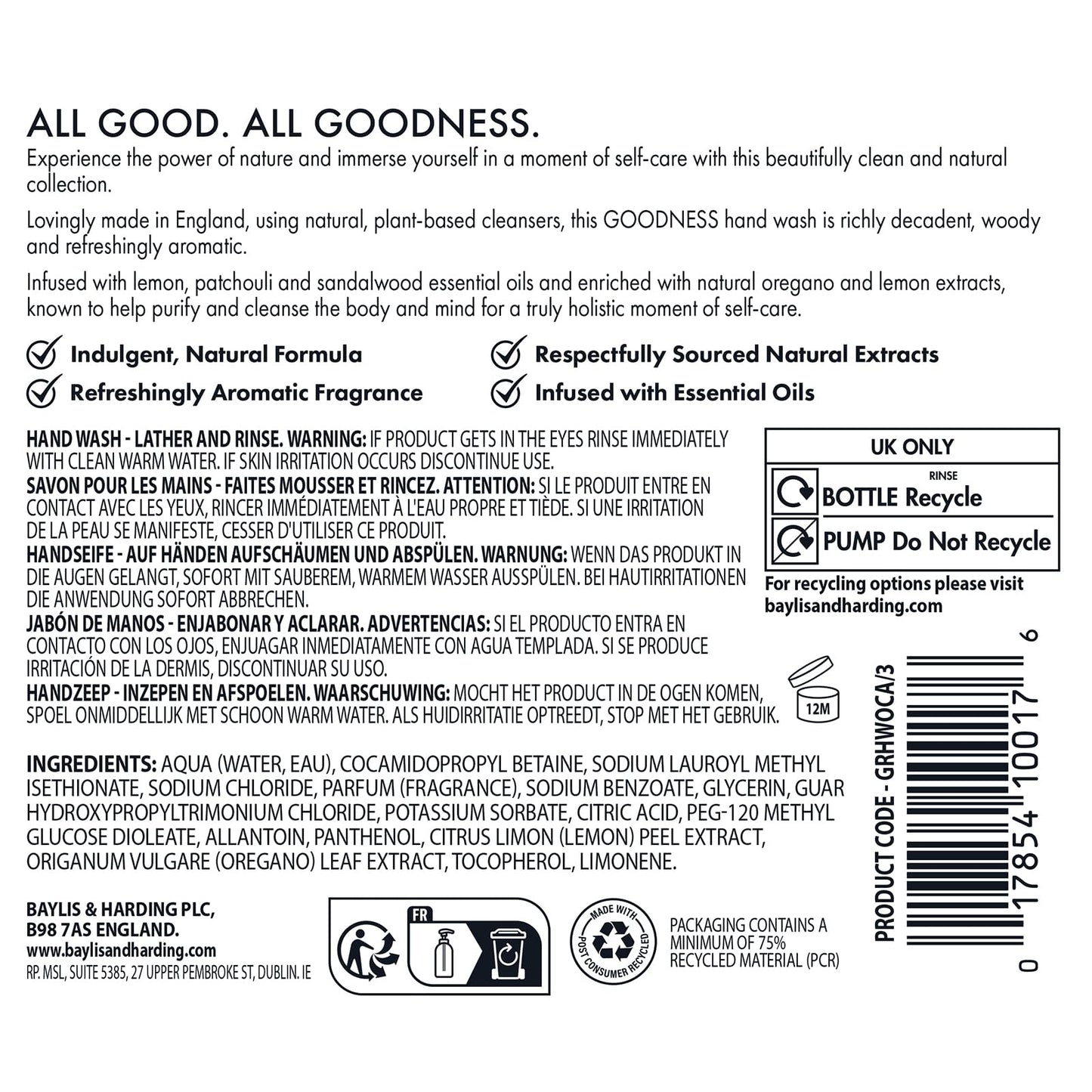 Baylis & Harding Liquid Hand Soap Wash with Dispenser, Goodness, Oud Cedar & Amber, 16.9oz/500ml (3-Pack)