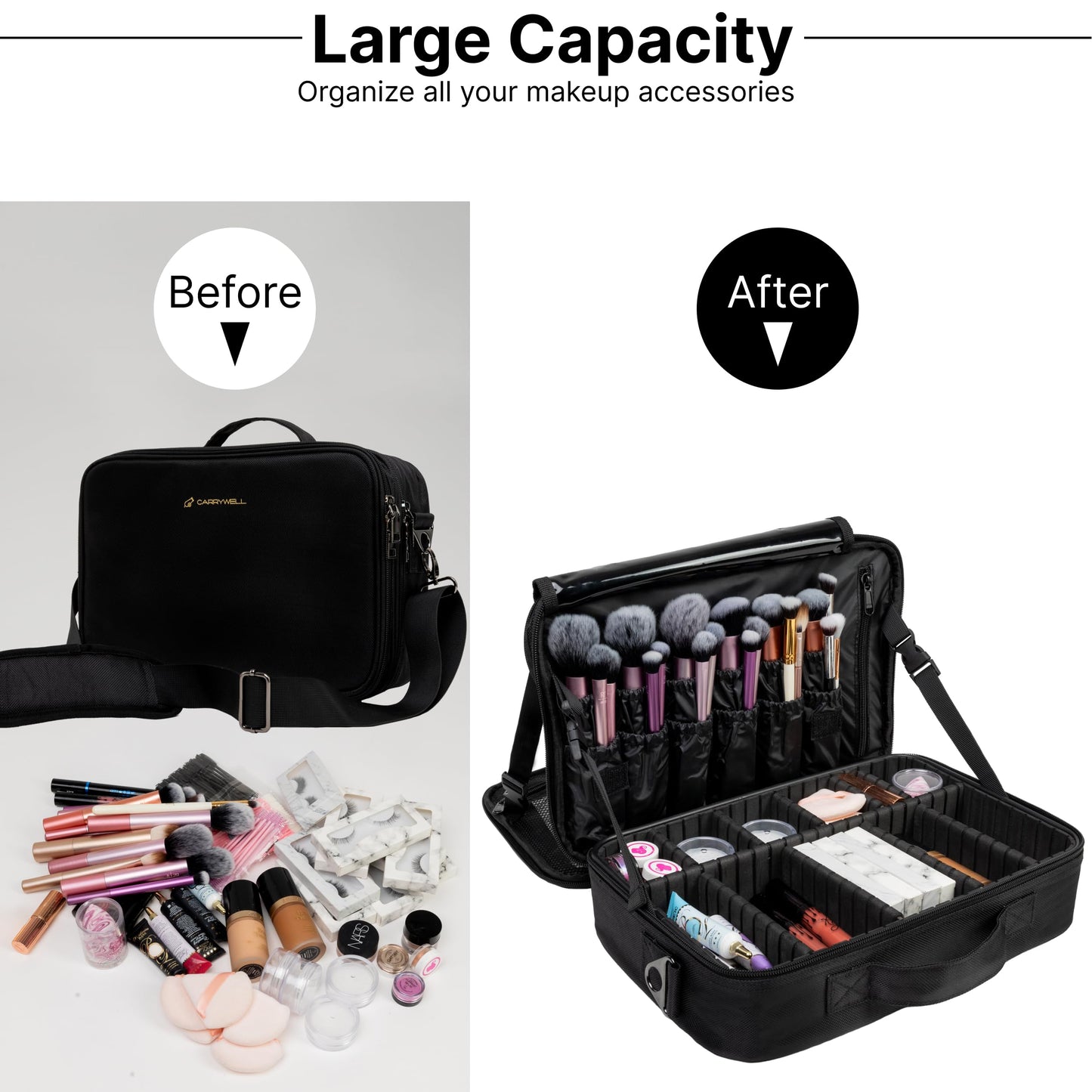 Carrywell Makeup Bag Travel Case, Not-Made In China, Hard Train Case for Cosmetics, Portable Beauty Artists Organizer, Storage Box With Adjustable Dividers For Make Up and Brushes, Medium Black