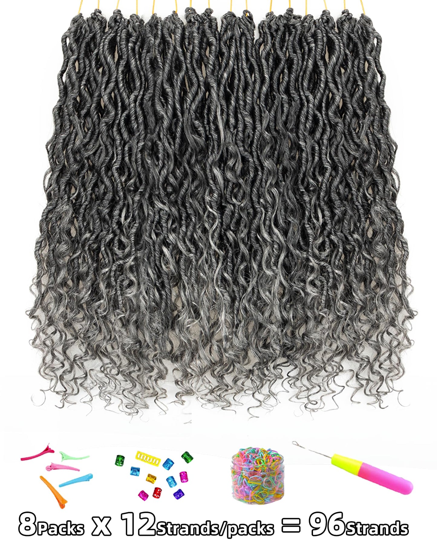 Goddess Locs Crochet Hair for Black Women,Salt and Pepper Pre Looped Faux Locs Crochet Hair with Curly Ends,Soft Synthetic Bohemian River Locs,14 Inch 8 Packs (TGray)