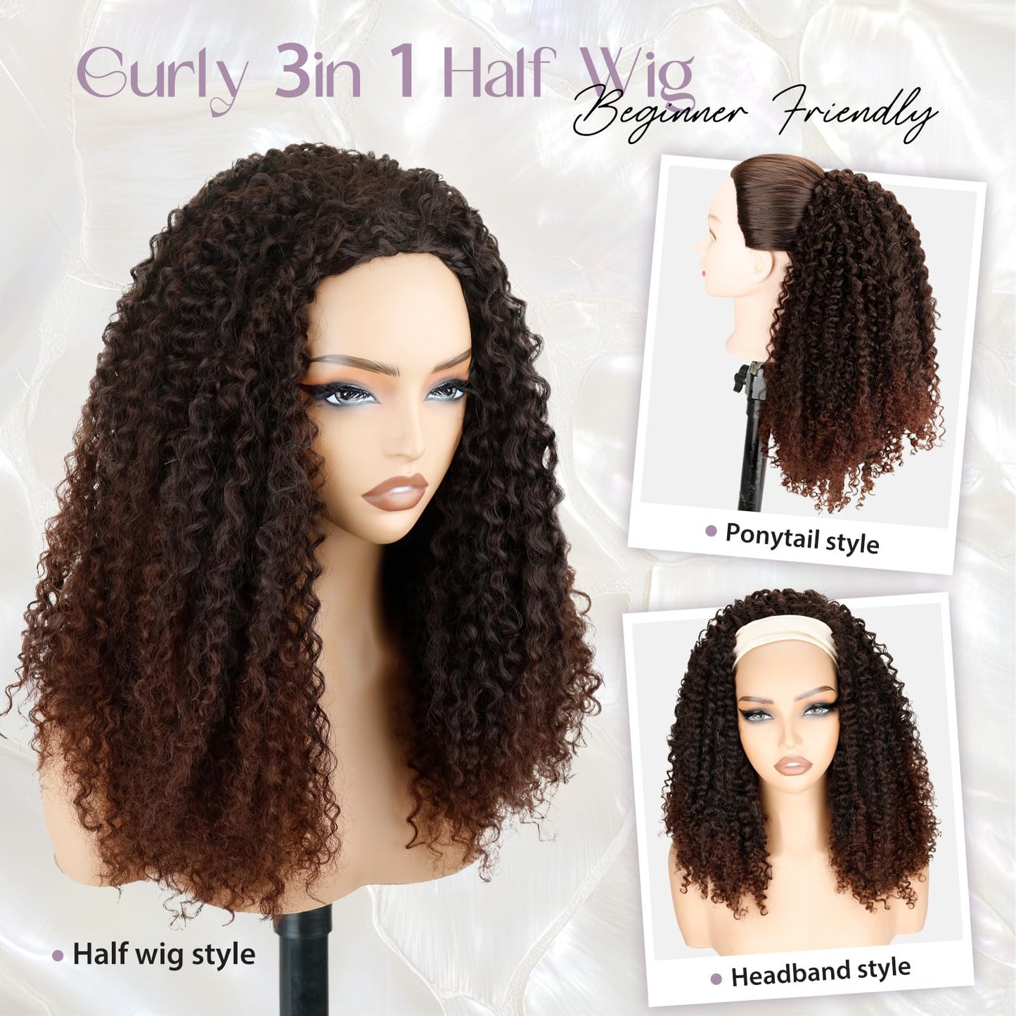 NOSTALGIA Half Wig Kinky Curly Flexi-Fit Invisi 3 in 1 Wigs Flip Drawstring Wig Glueless Synthetic With Natural Density Ready to Go Headband Wig for Women 16Inches(Black Mix Dark Brown 1B/33)