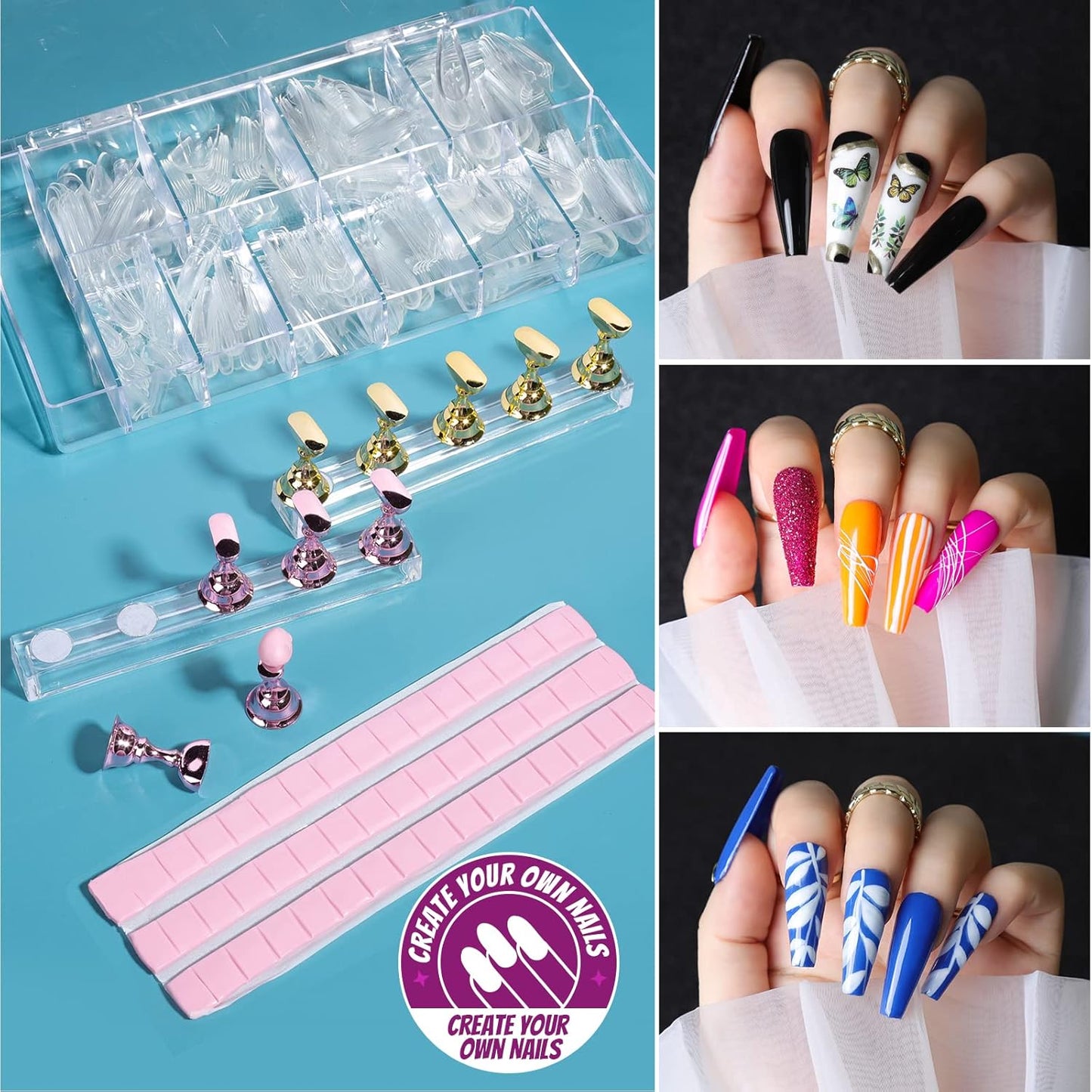Acrylic Press-On Nail Kit - Clear Coffin Tips, Art Brushes, Glitter & Rhinestones | Complete Nail Supplies