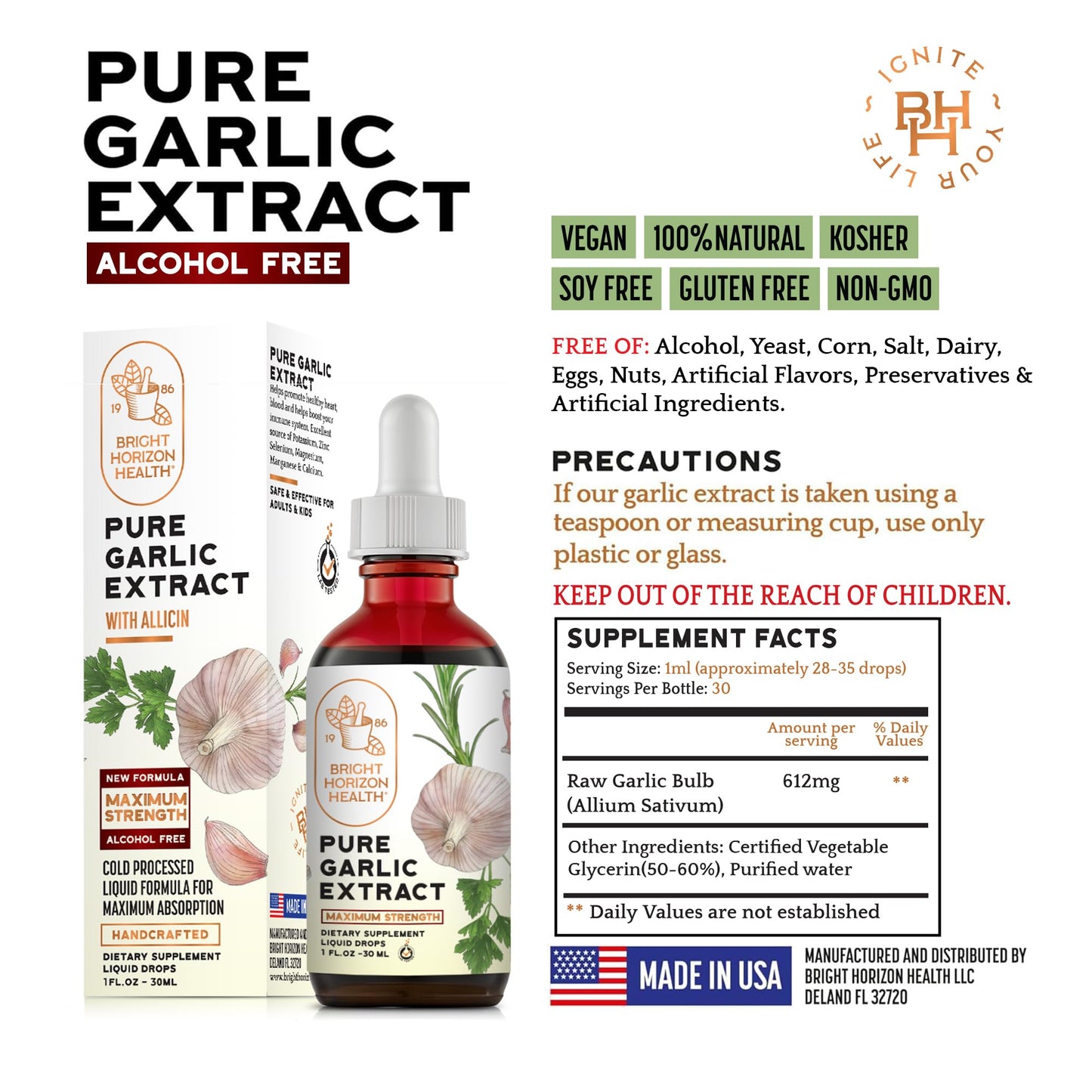 BRIGHT HORIZON HEALTH Pure Garlic Extract – Allicin Supplement – Immune Support. Alcohol-Free Formula, Vegan, Raw, Superfood – Liquid Garlic Oil Drops - 1 fl.oz