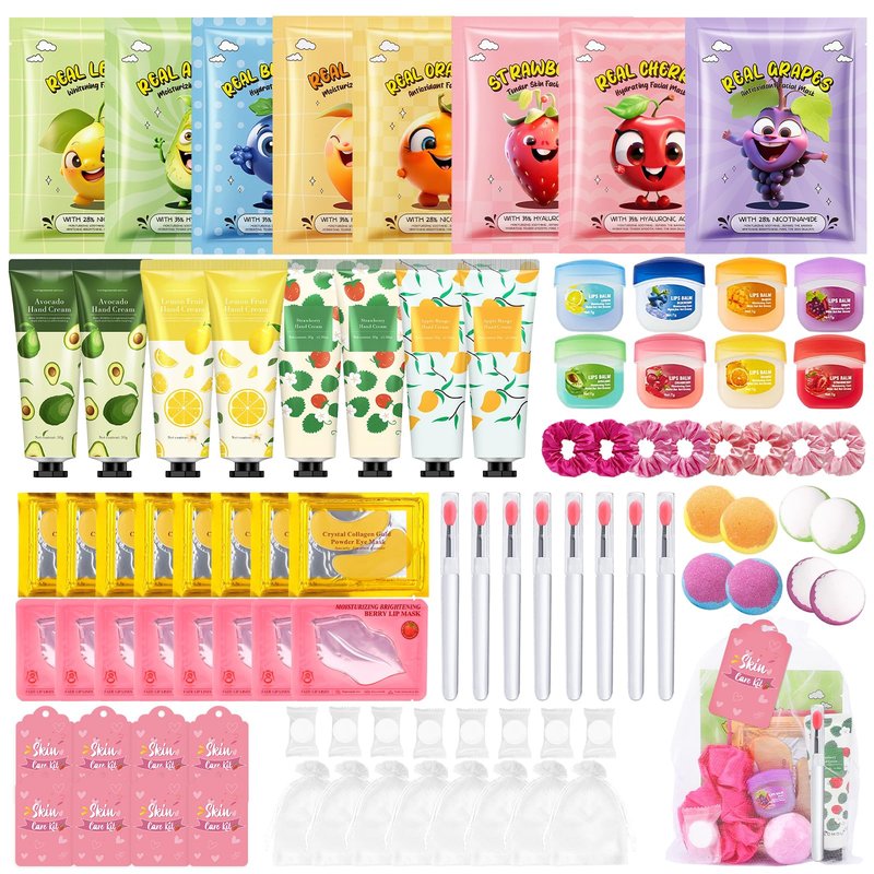 88PCS Spa Party Supplies for Girls, Spa Party Favors Include Face Masks, Under Eye Patches, Lip Masks, Lip Balm, Hand Cream, Foot Bath Bombs, Compressed Towels, Bulk Spa Sleepover Slumber Party Kit