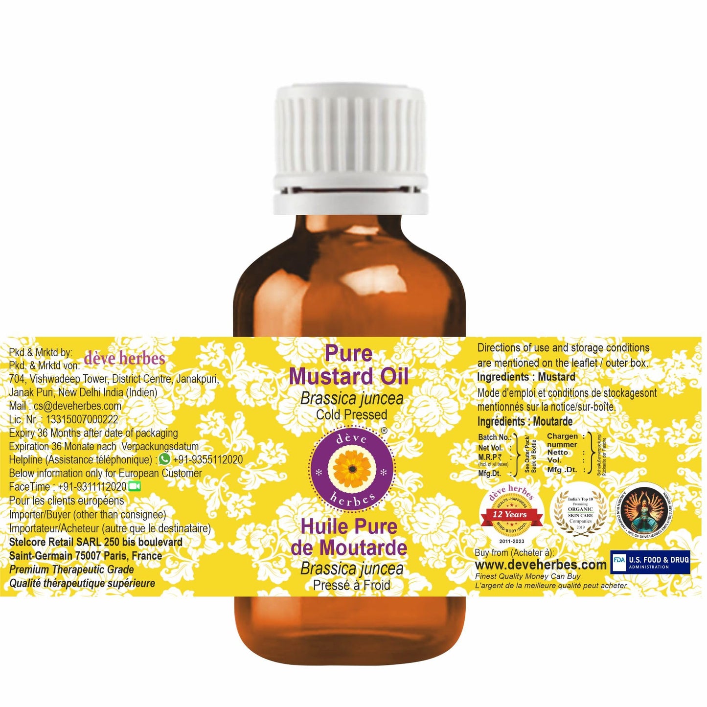 Deve Herbes Mustard Oil (Brassica juncea) | Cold Pressed | Pure | Natural | Undiluted | For Diluting Essential oils | For Hair, Skin & Massage | Non-Sticky| Lightweight| Unisex | 100ml X 2 (6.76 oz)