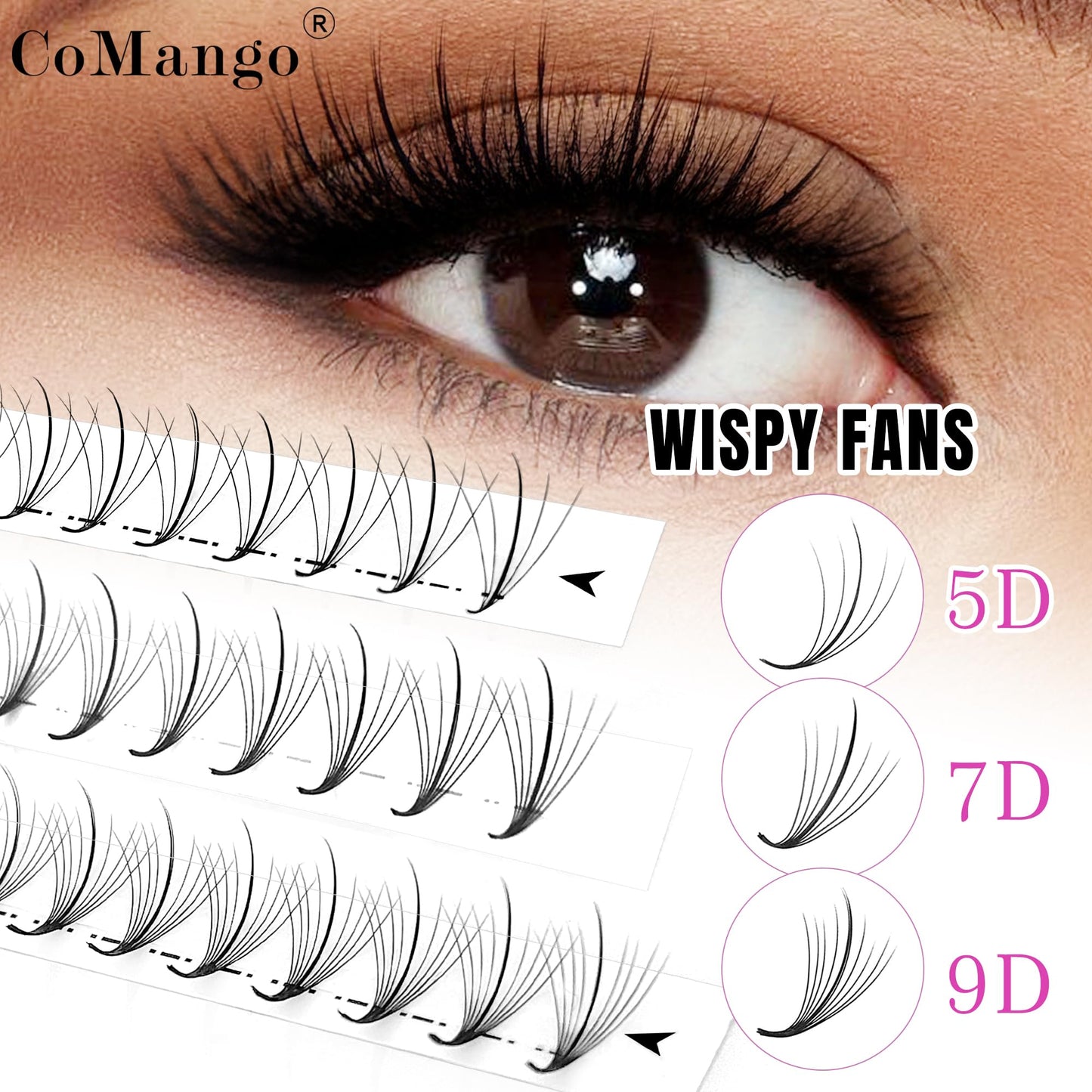 CoMango Wispy Premade Fans Eyelash Extensions 5D 7D 9D Spikes Lash Fans C/D Curly Pointy Stem Volume Lashes Extensions 0.07mm Thin Base Handmade Lash Extensions (black, 120fans-9D-C-Mix8-15mm)