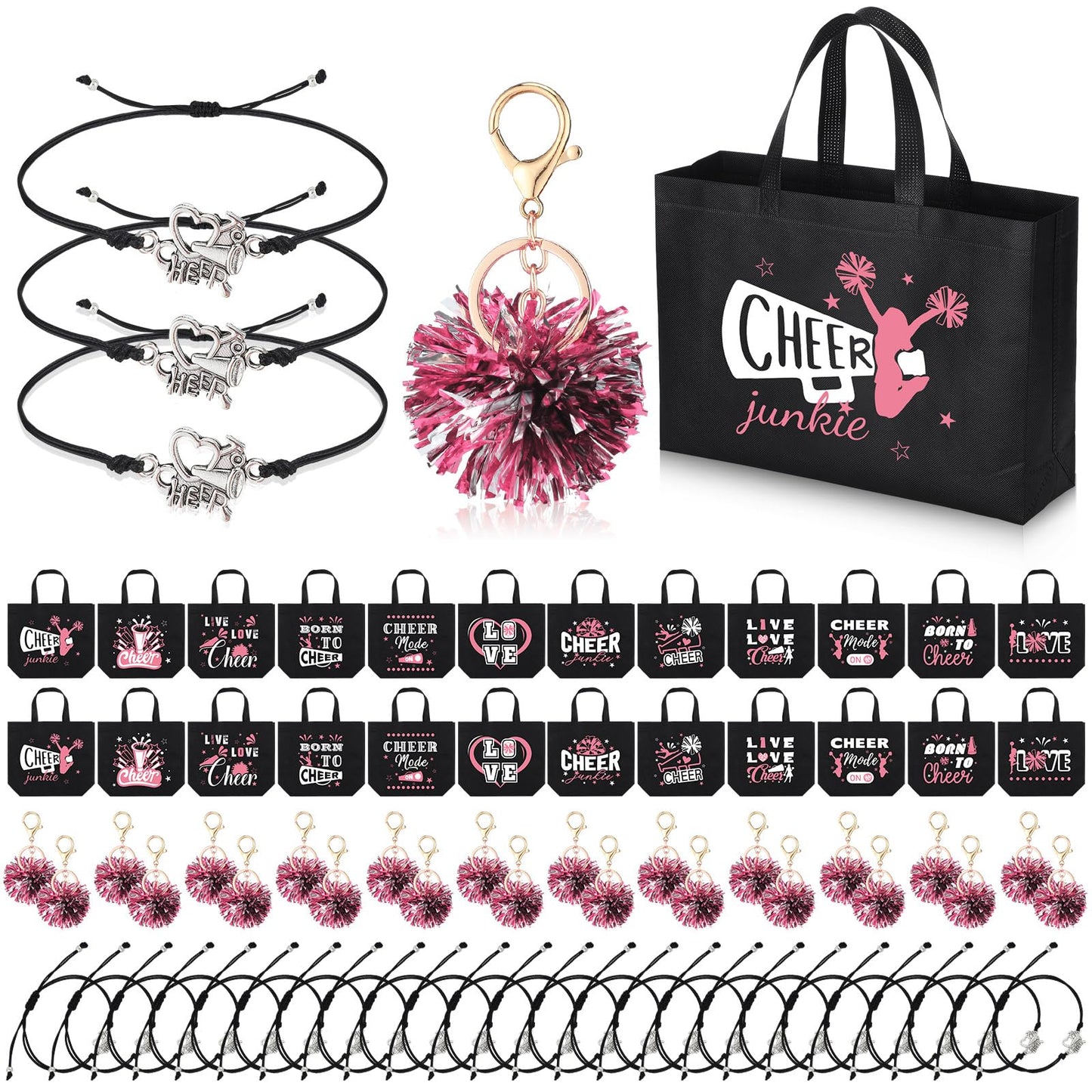 Landical 72 Pcs Pink Cheerleading Gifts 24 Cheer Bags Portable 24 Pom Pom Keychain 24 Cheerleading Bracelet Canvas Makeup Bag Bulk Cheer Gifts Female Teammates Toiletries Accessories