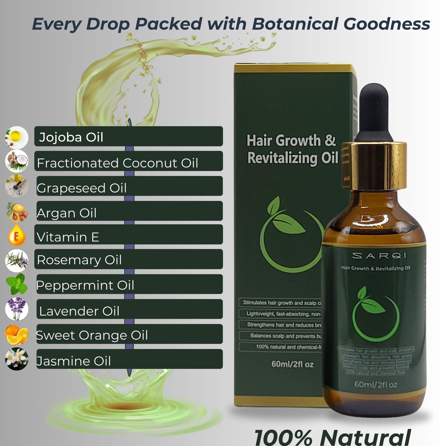 Hair growth Oil 100% Natural Lightweight Serum with Jojoba, Fractionated Coconut, Grapeseed, Argan, Vitamin E, Rosemary, Peppermint, Lavender, for Nourished Hair growth & Scalp Health