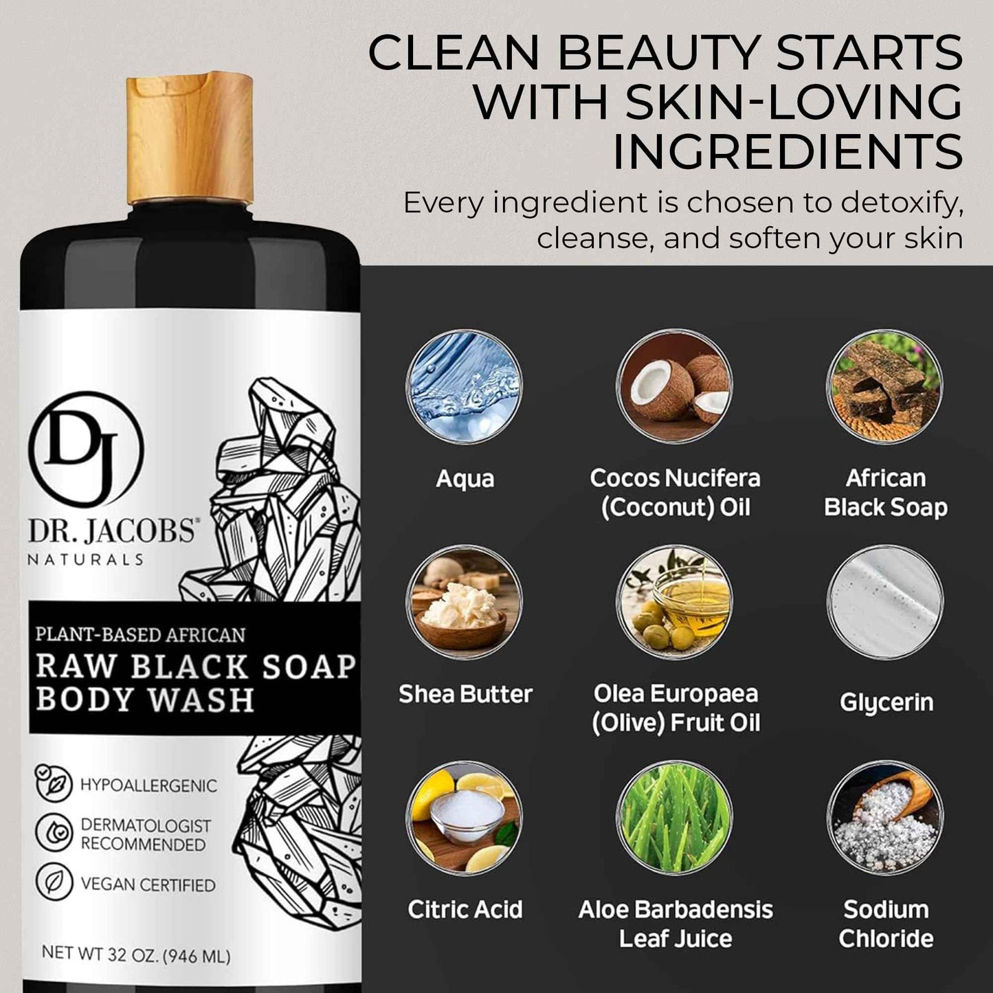 Dr Jacobs Naturals Authentic African Raw Black Soap, All-In-One Cleanser for Face Wash, Sensitive Skin Body Wash, Shampoo, Shaving Soap | Shea Butter Moisturizing and Nourishing Formula | 16oz 1pk