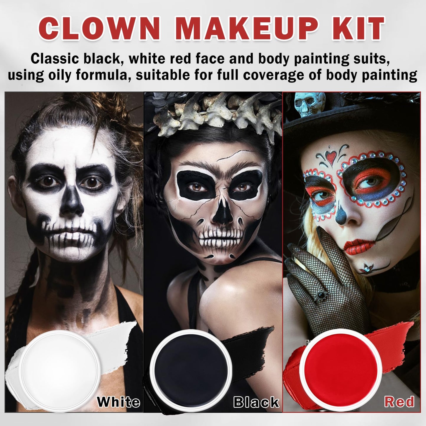 QIUFSSE Clown Makeup Kit,Red Black and White Face Painting Kit Professional,Clown Face Paint Halloween Makeup with Brushes,Oil Based Body Paint for Adults,Joker Vampire Zombie