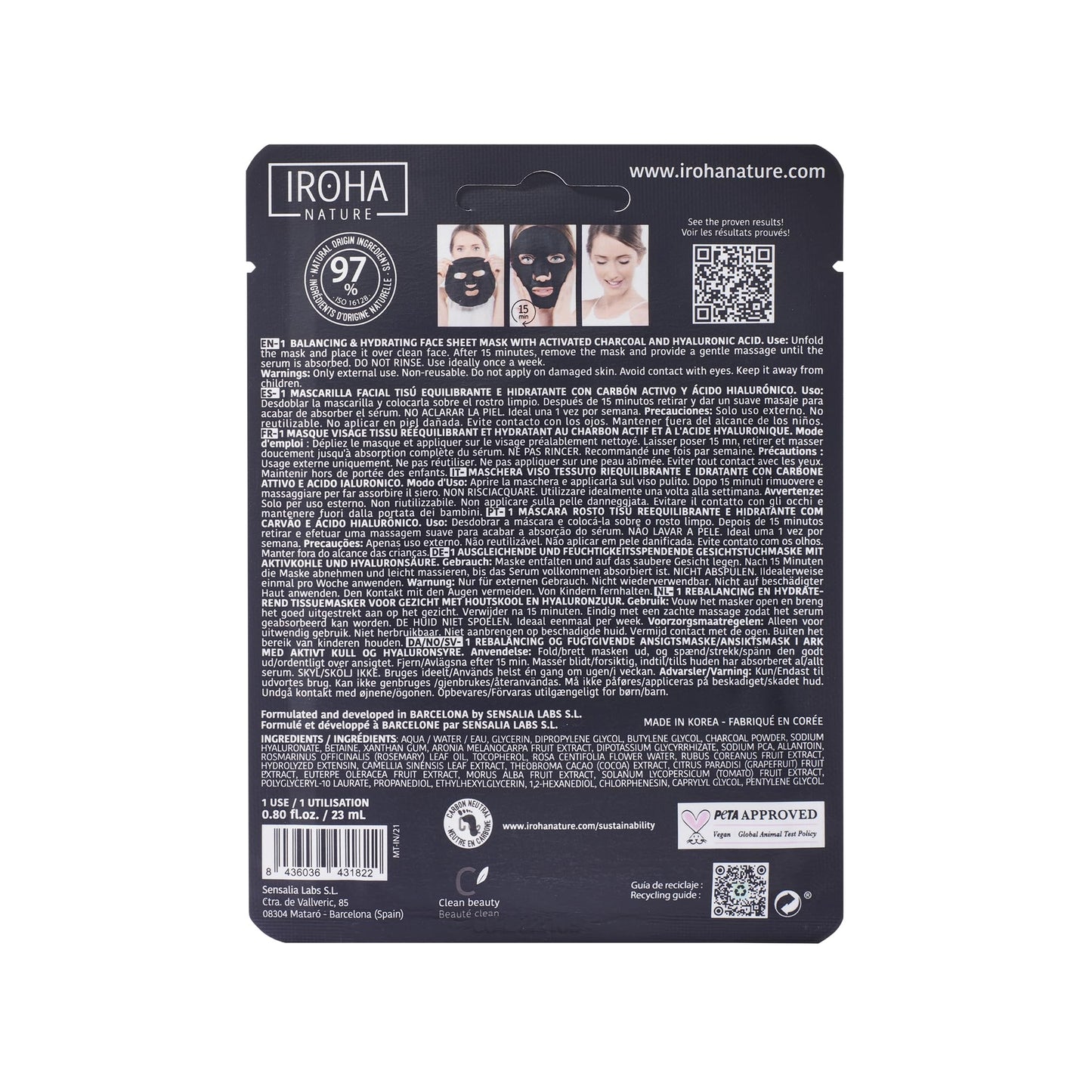 IROHA NATURE Rebalancing & Hydrating Tissue Face Mask | 15 Pieces | With Charcoal & Hyaluronic Acid | Deep Purifying for Clean, Clear Skin | Results in 15 Minutes | 100% Vegan