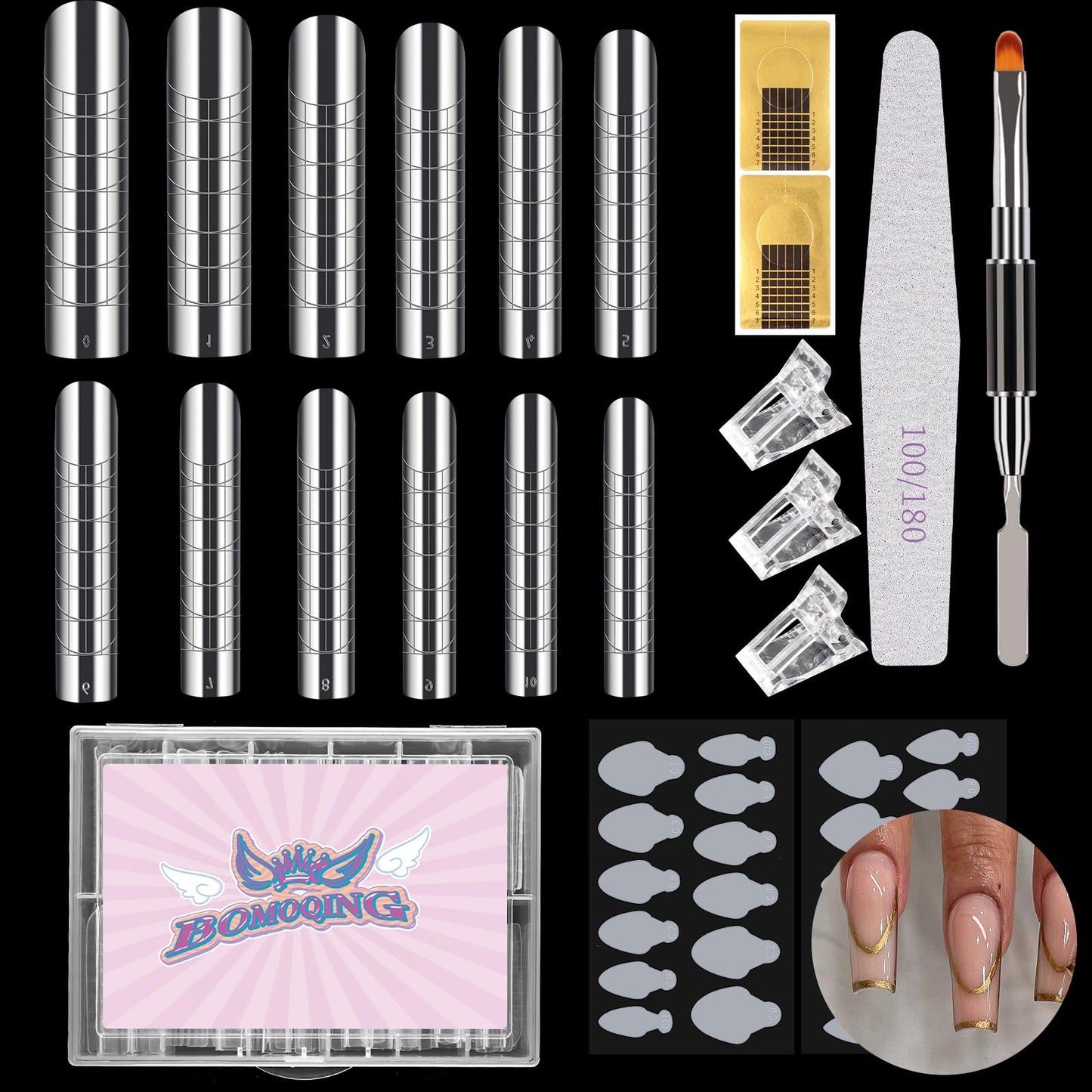 BOMOQING 120 PCS Dual Nail Forms with 100 PCS Nail Forms for Gel Nail Poly 24 PCS Duet System Forms, Full Cover Long Coffin Nail Forms for Builder Gel Nail Art Design Salon&DIY/042