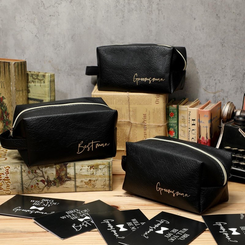 Amylove 7 Sets Man Gifts Men Toiletry Bag for Men Wedding Proposal Gift for Best Man PU Leather Cosmetic Bags with Zipper Bowknot Greeting Card Wedding Toiletries Accessories(Black)