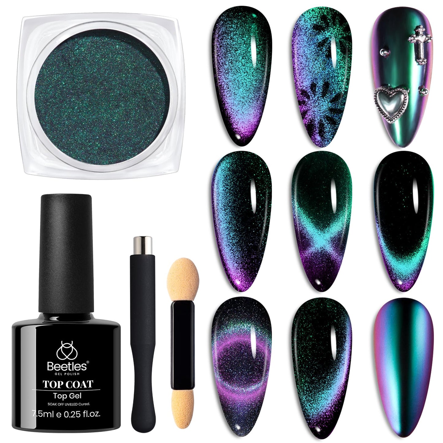 Beetles Cat Eye Chrome Nail Powder Set, 2 in 1 Holographic Metallic Mirror Effect Chameleon Galaxy Powder with No Wipe UV Gel Top Coat Magnet for Velvet Metallic Nail Art