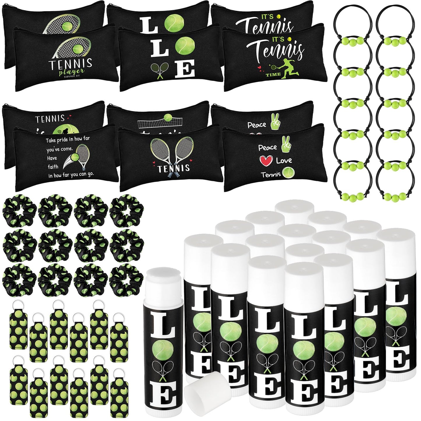 Dansib 60 Pcs Tennis Lover Gifts Set Tennis Party Supplies Include 12 Makeup Bag, Hair Scrunchies, Charm Bracelets, Lipstick and Lipstick Holder Keychain for Female Athletes